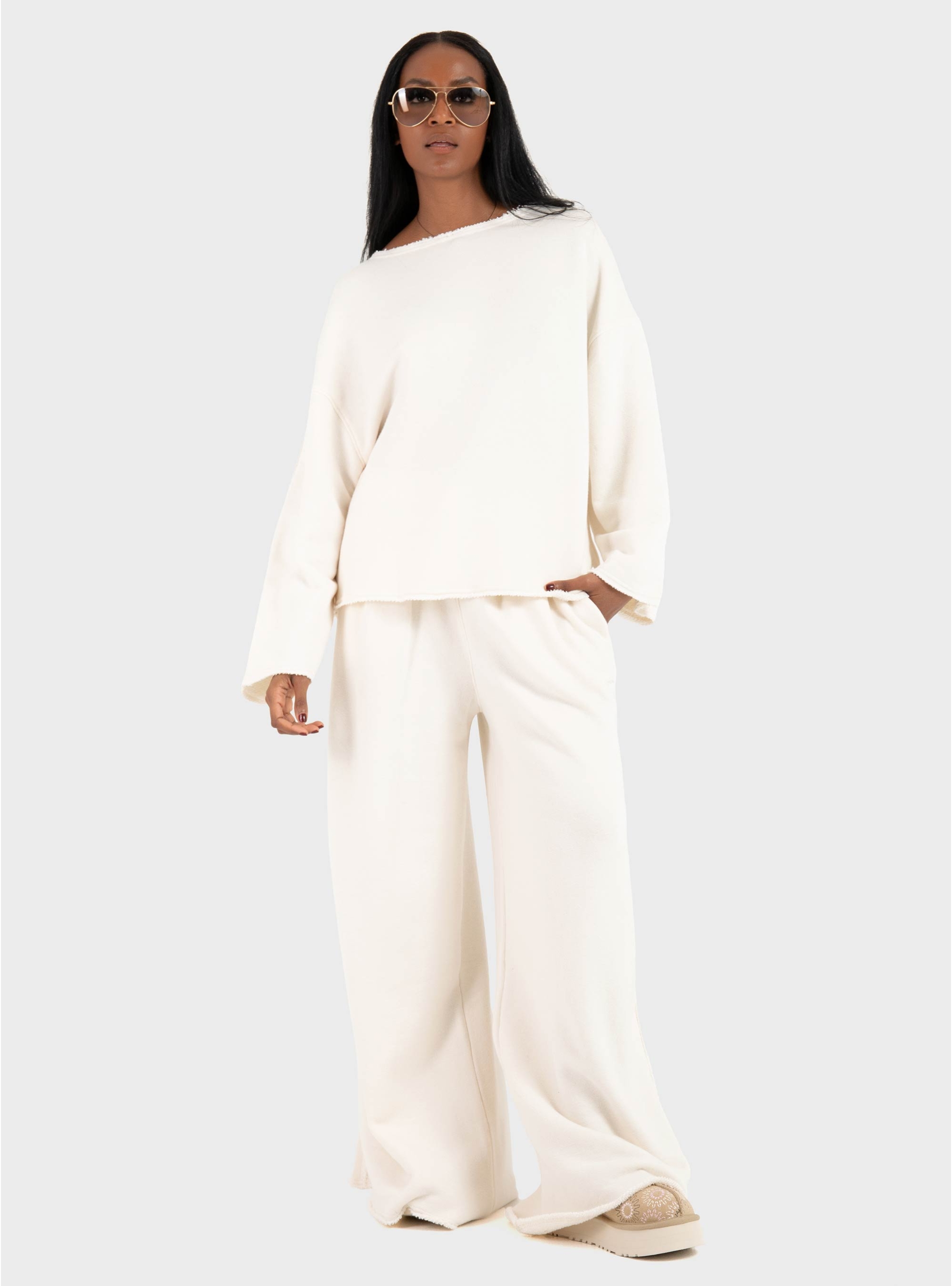 BOSS Loose-Fit Cotton-Blend Sweatshirt With Raw-Cut Edges C_Enely - Ecru