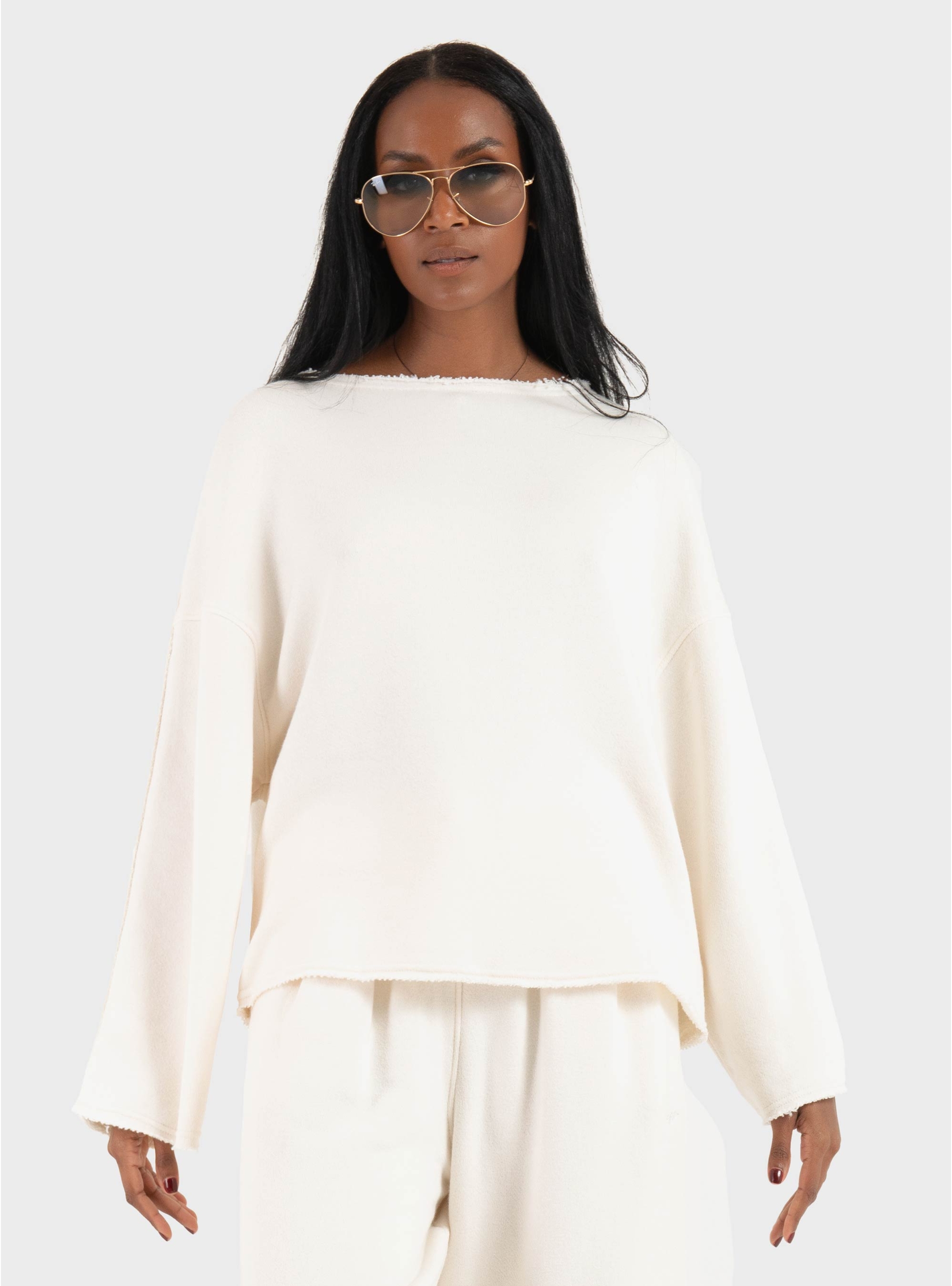 BOSS Loose-Fit Cotton-Blend Sweatshirt With Raw-Cut Edges C_Enely - Ecru