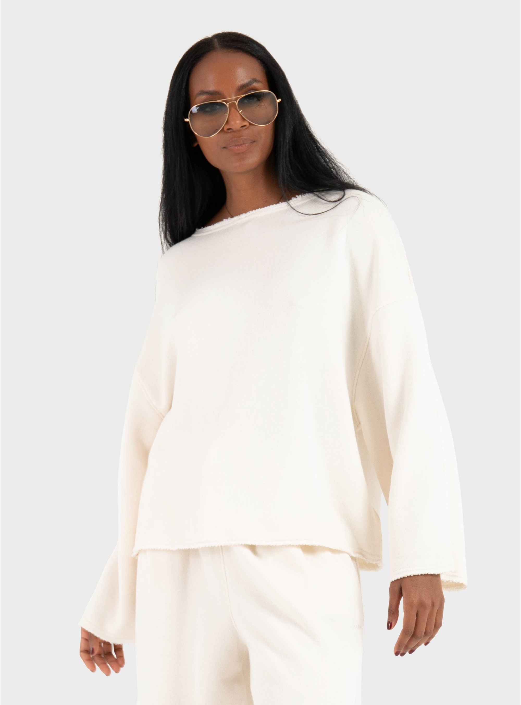 BOSS Loose-Fit Cotton-Blend Sweatshirt With Raw-Cut Edges C_Enely - Ecru
