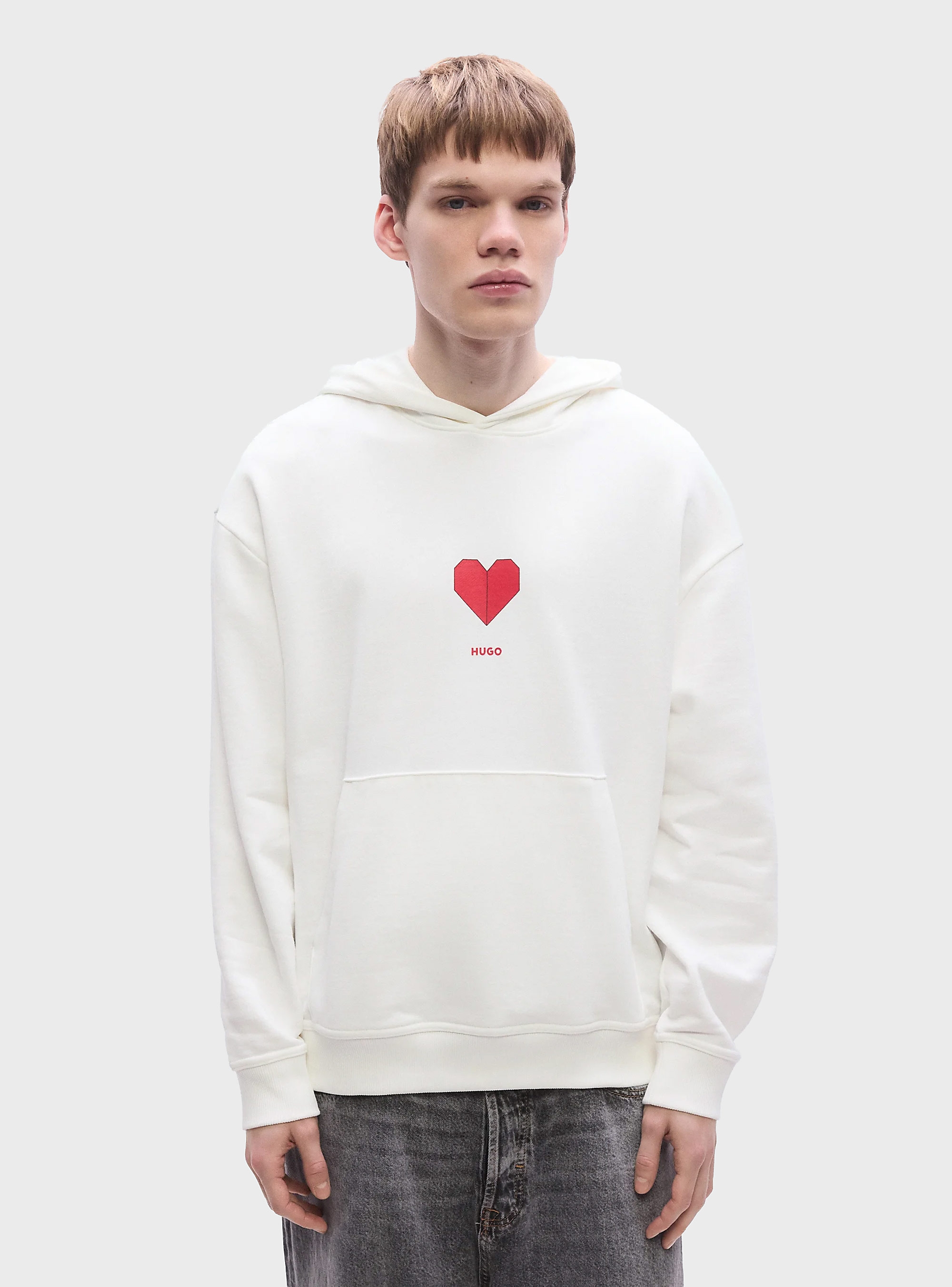 HUGO Cotton-Terry Hoodie With Origami-Heart Artwork  Dalentinos - White