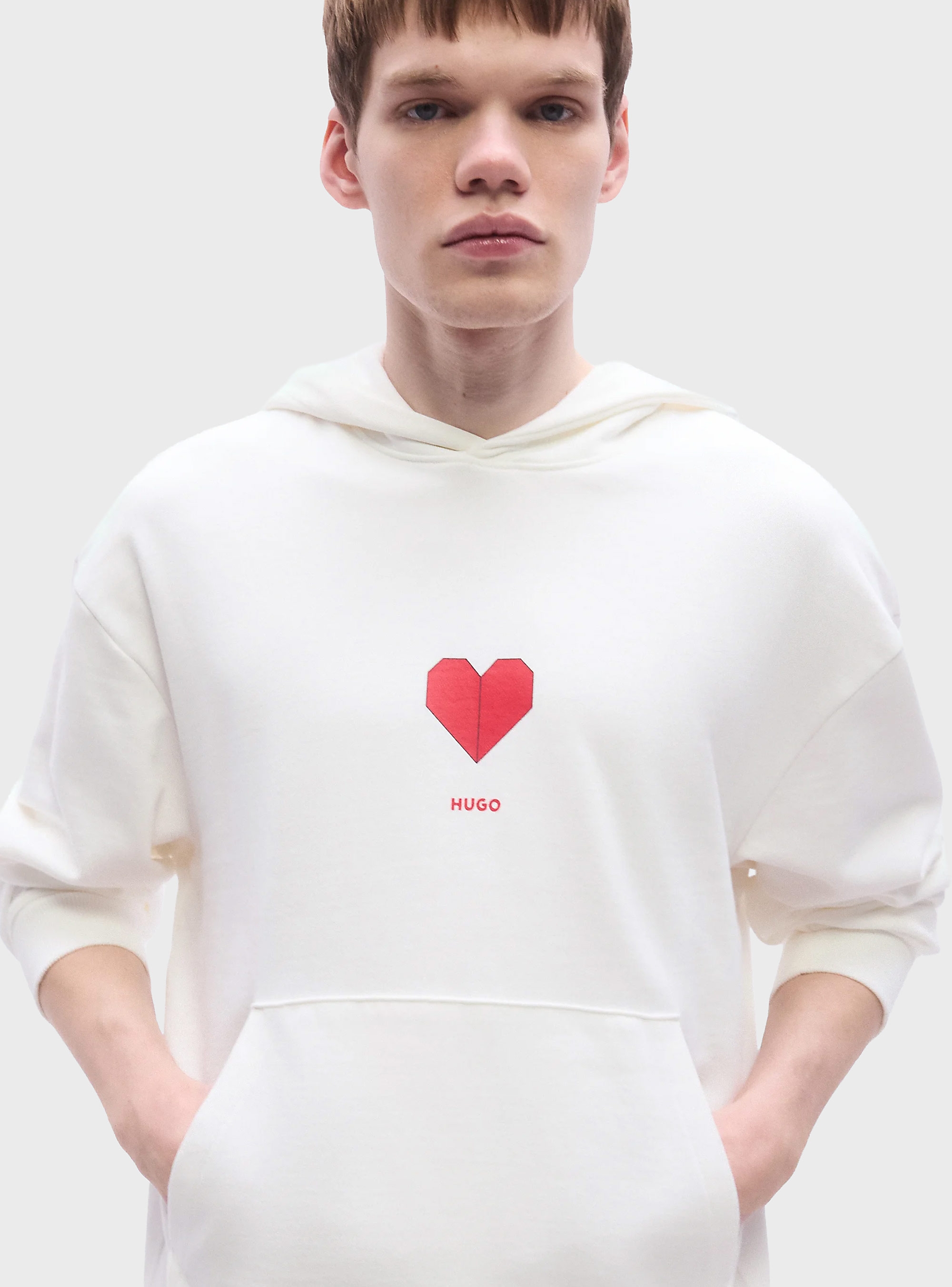 HUGO Cotton-Terry Hoodie With Origami-Heart Artwork  Dalentinos - White