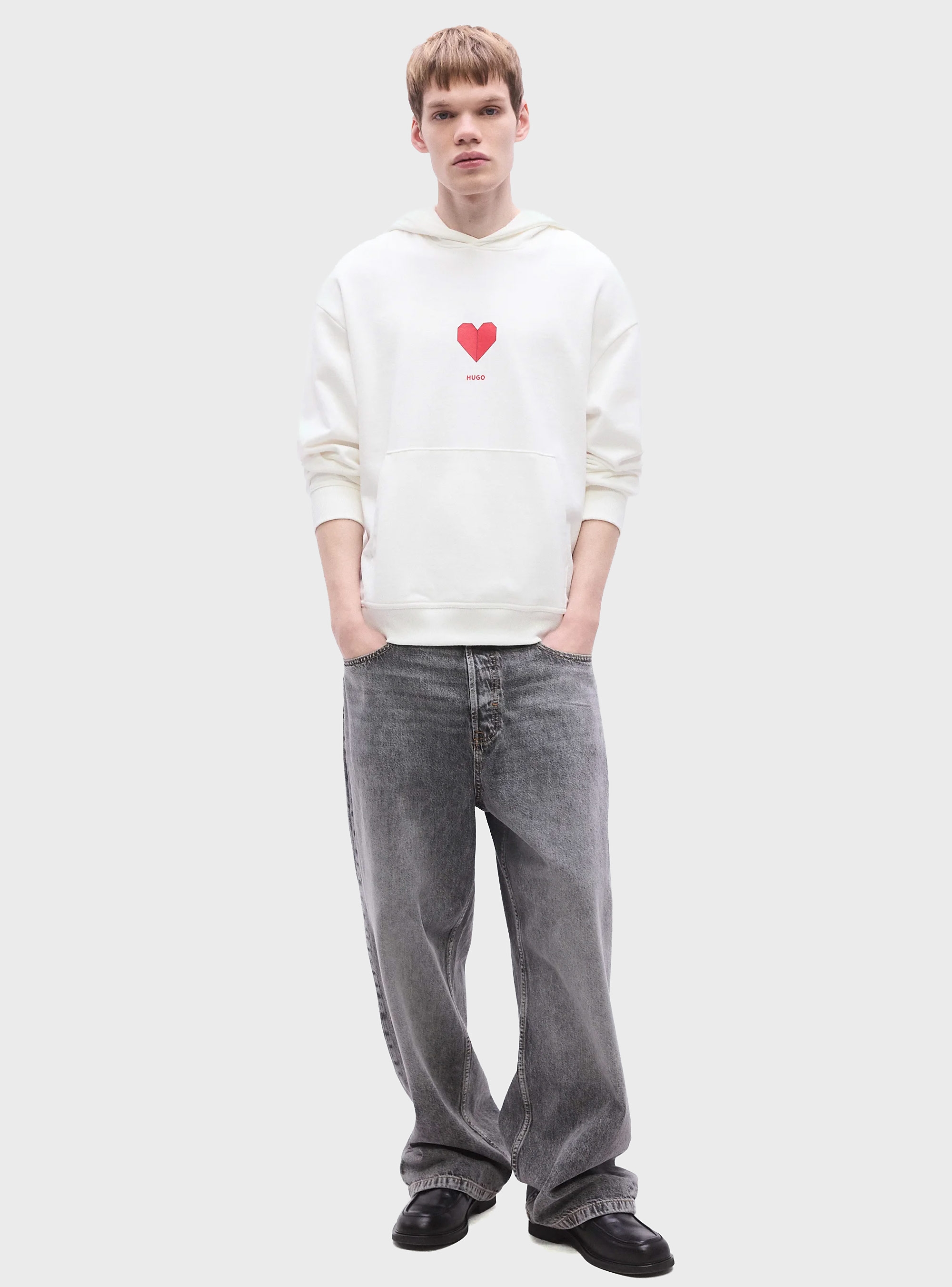HUGO Cotton-Terry Hoodie With Origami-Heart Artwork  Dalentinos - White