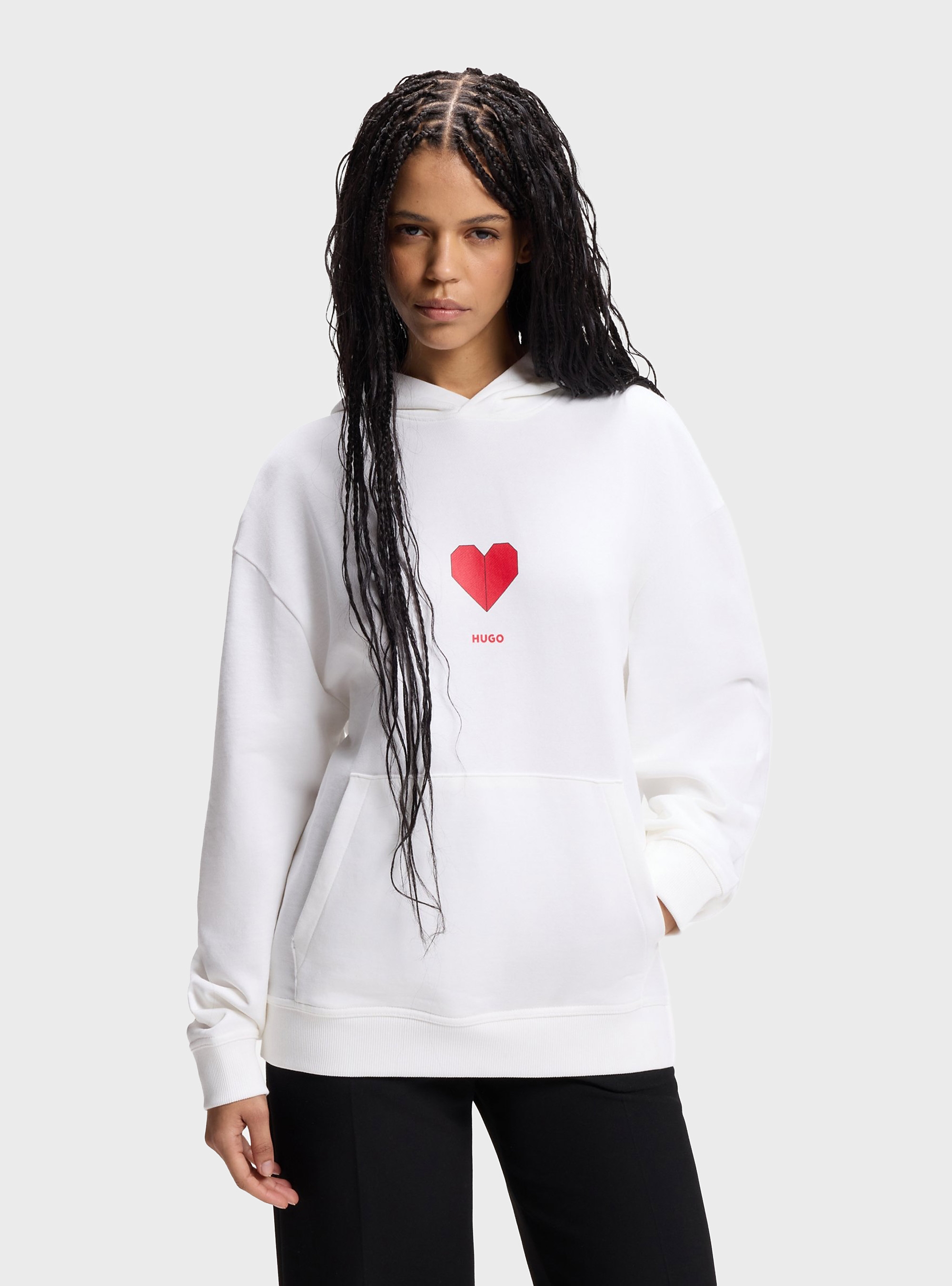HUGO Cotton-Terry Hoodie With Origami-Heart Artwork  Dalentinos - White