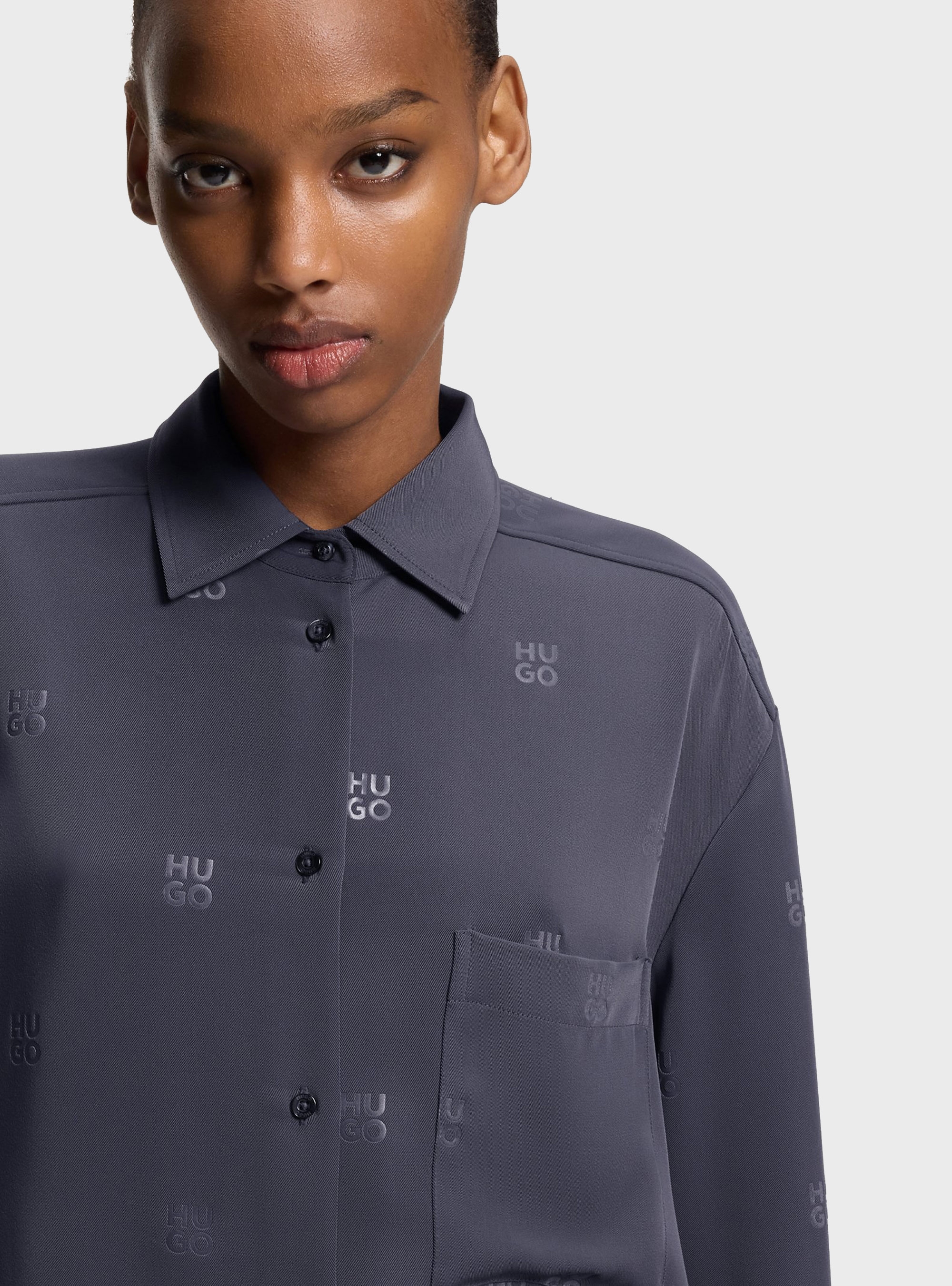 HUGO Oversized-Fit Shirt With Stacked Logos  Elodina - Grey
