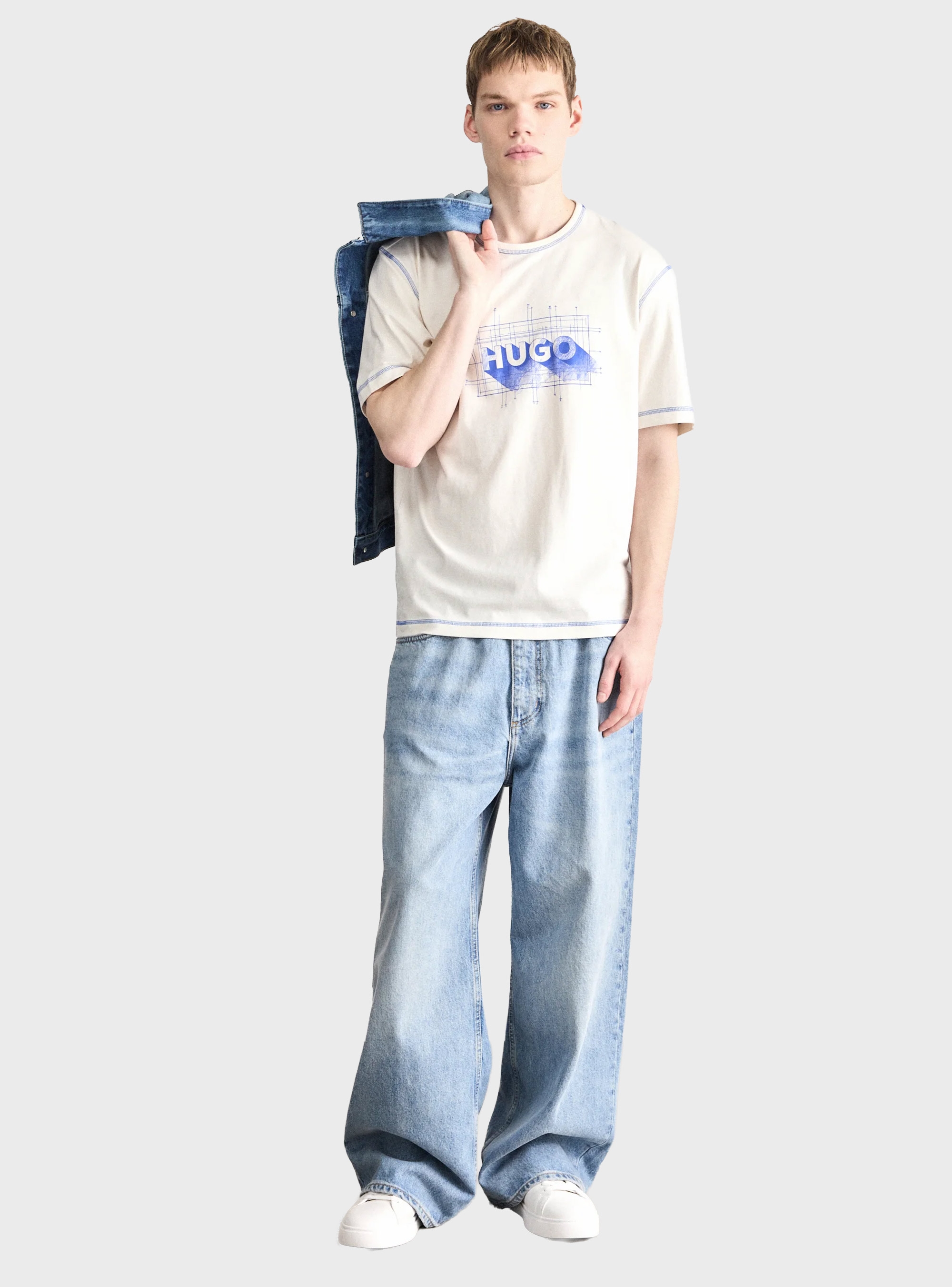 HUGO Cotton-Jersey Logo T-Shirt With Contrast Stitching Nothal - Ecru