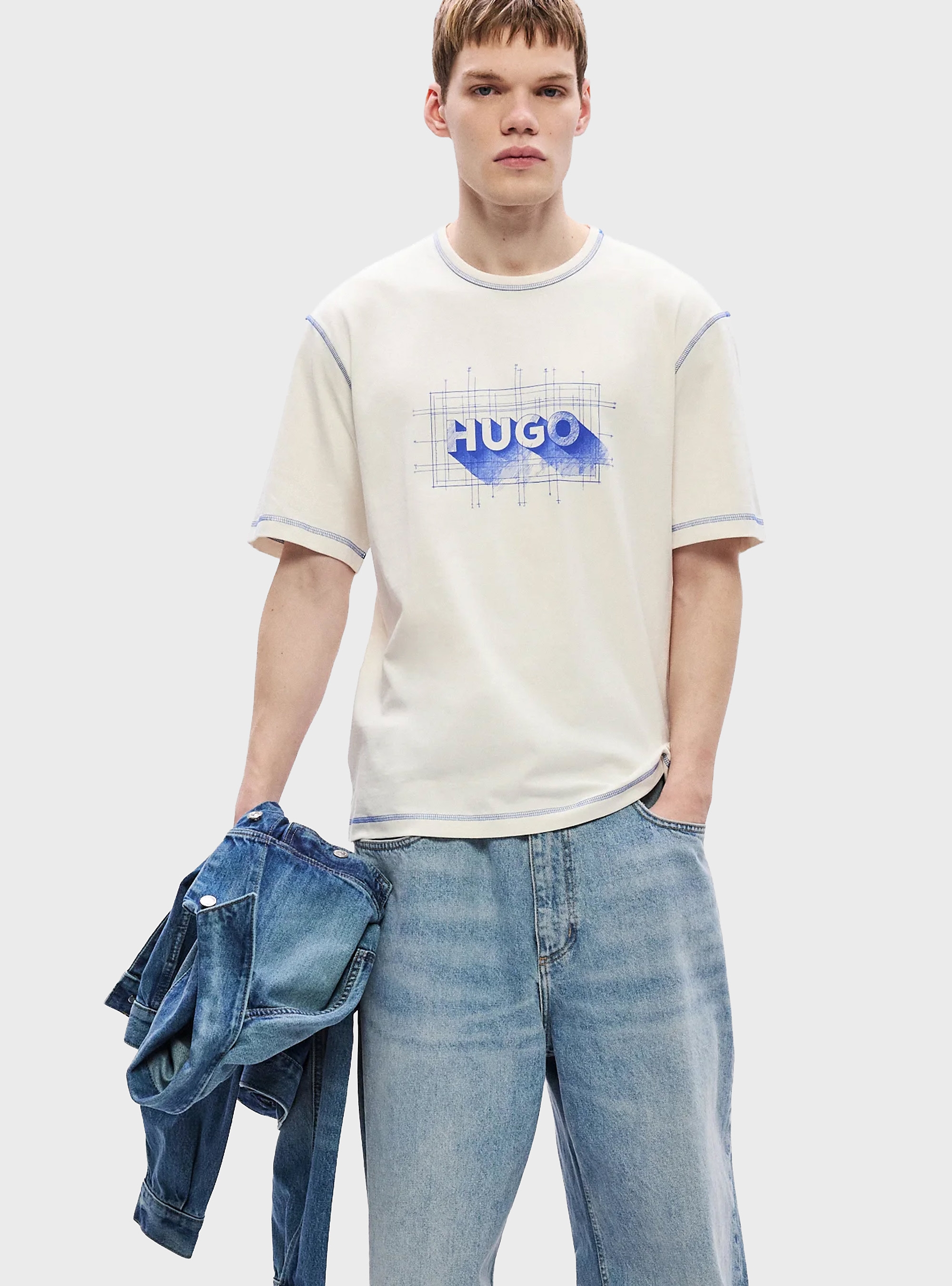 HUGO Cotton-Jersey Logo T-Shirt With Contrast Stitching Nothal - Ecru