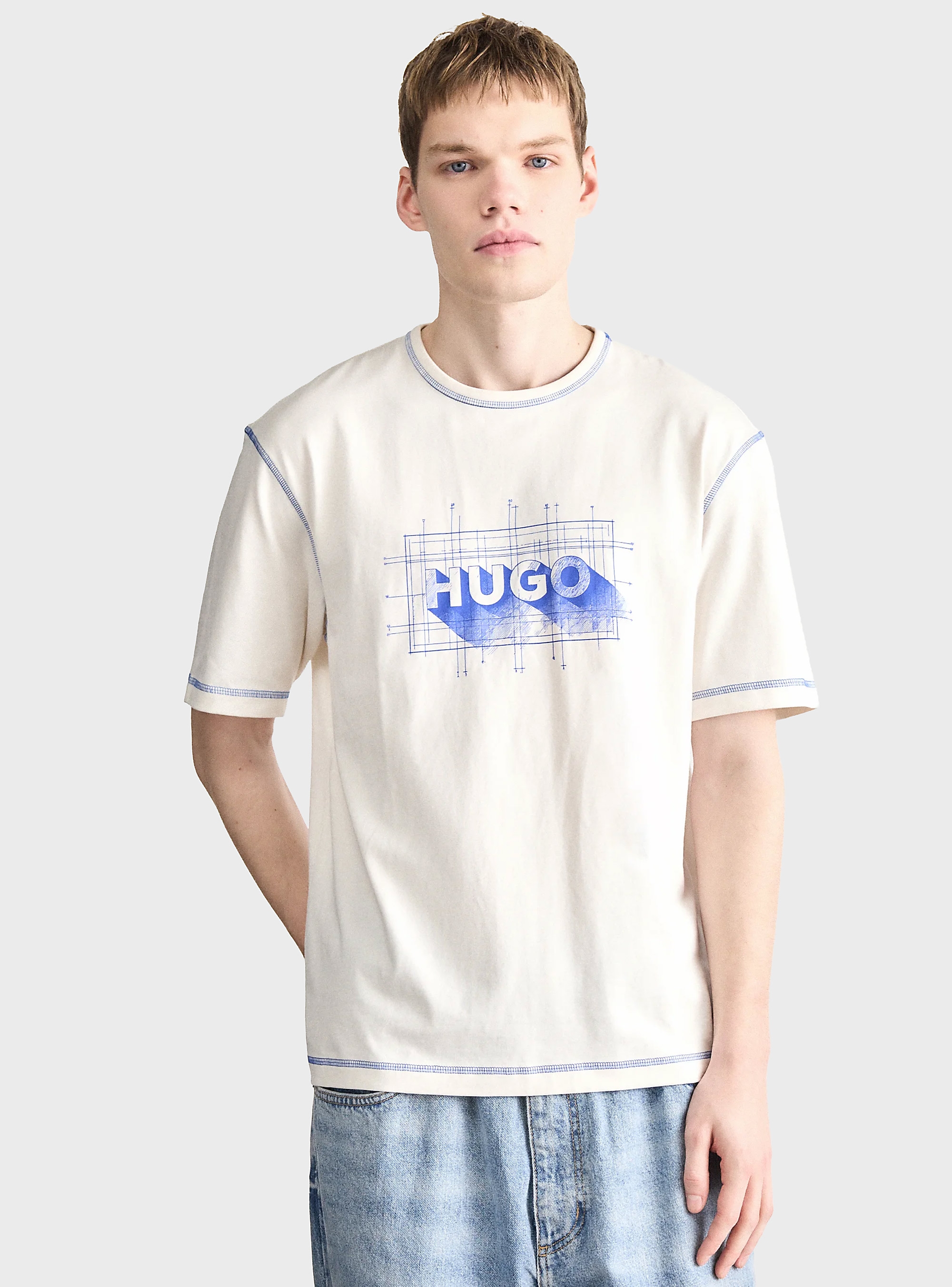 HUGO Cotton-Jersey Logo T-Shirt With Contrast Stitching Nothal - Ecru