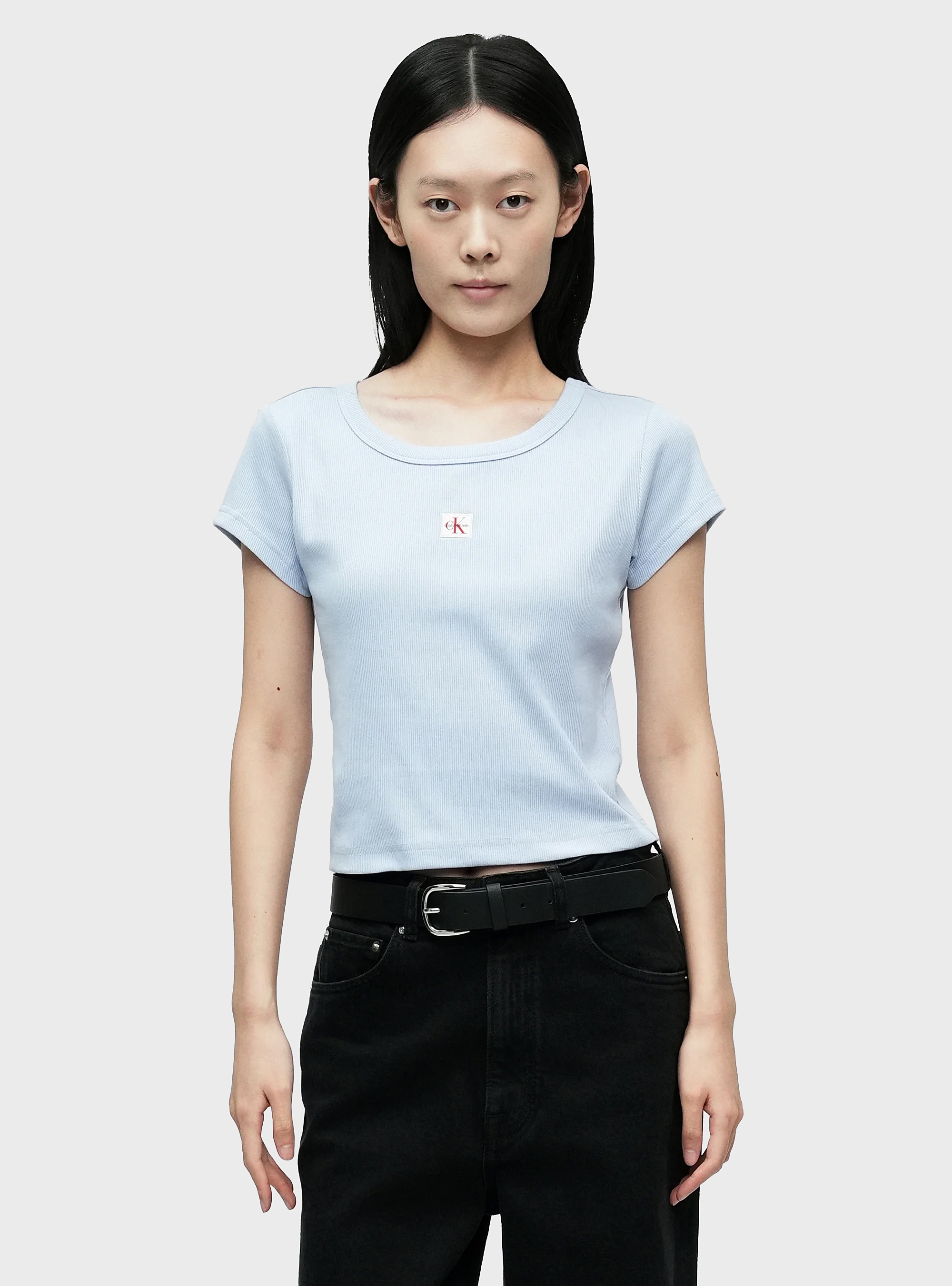 Calvin Klein Slim Ribbed Cotton Badge T-shirt - Blue