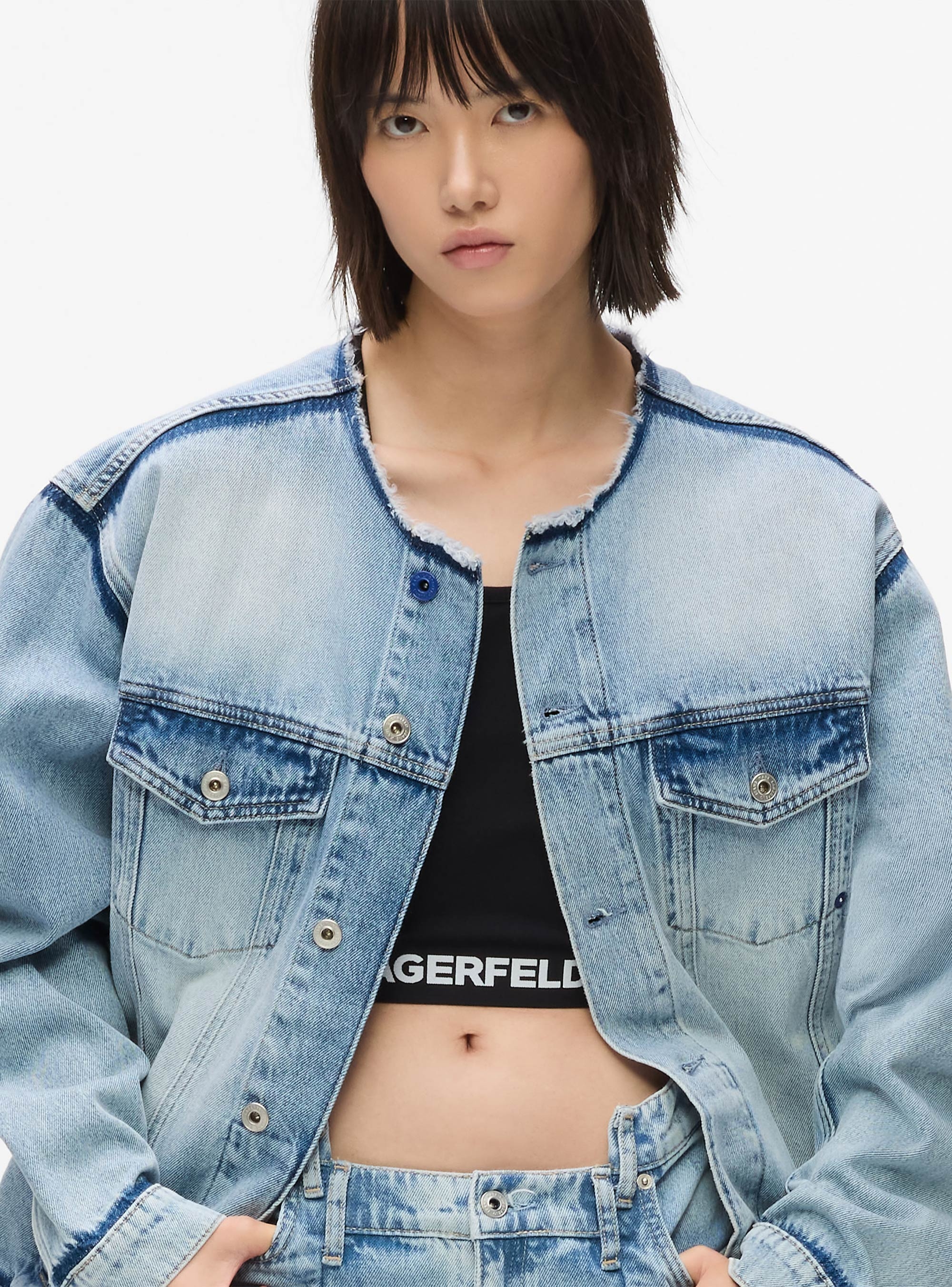 Karl Lagerfeld Jeans Collarless Denim Jacket - Light Blue