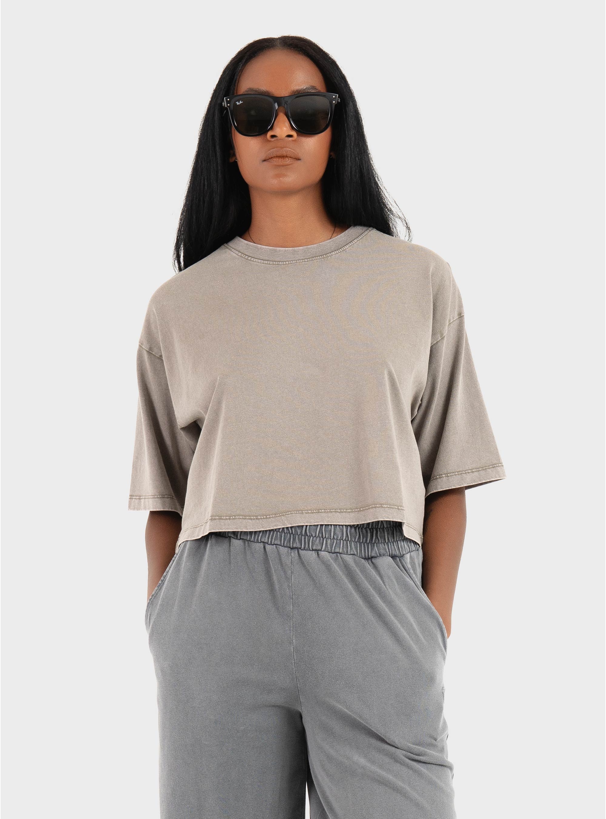 JJXX Andrea Loose Cropped Wash Tee - Dark Beige