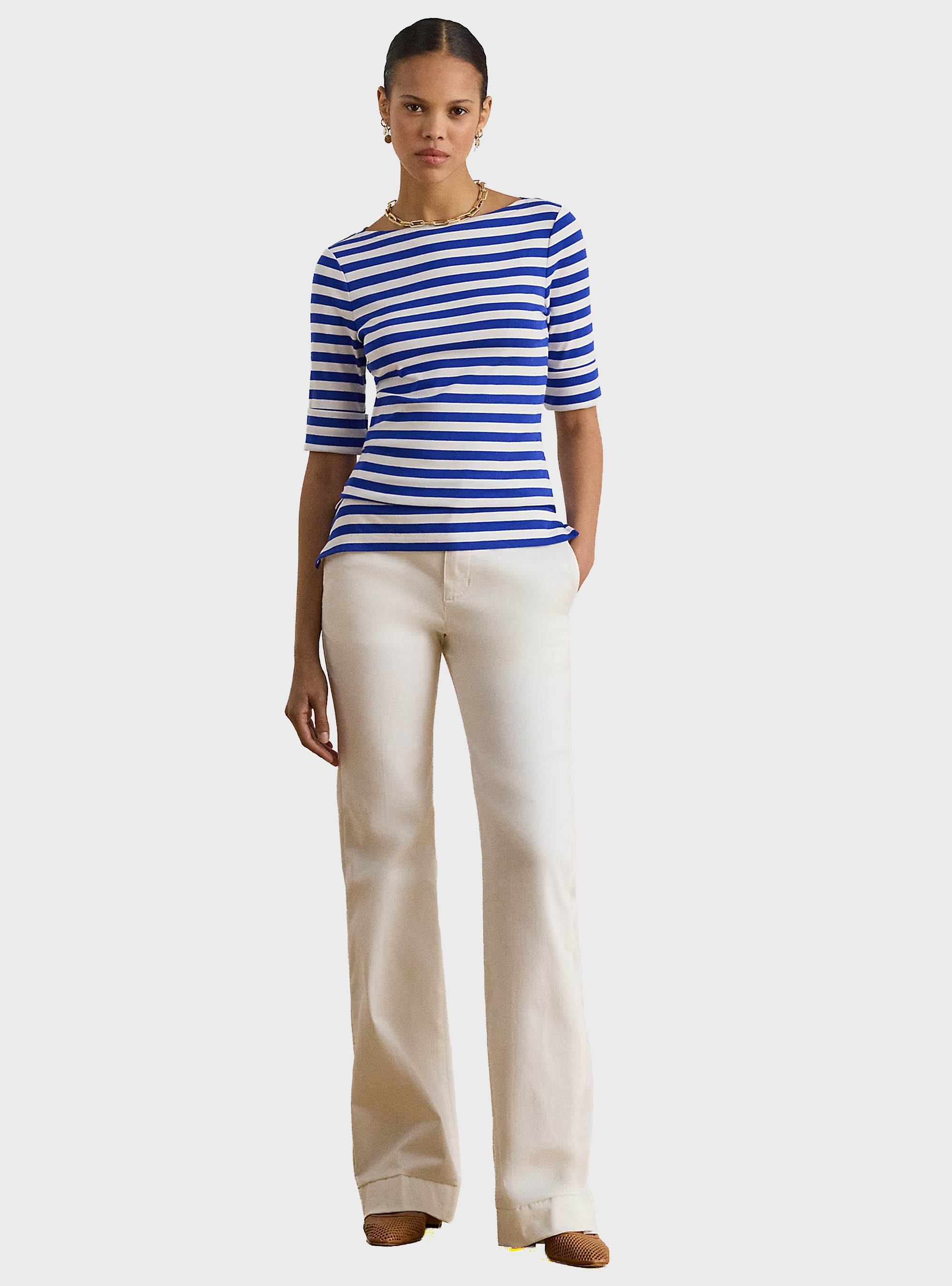 LAUREN Ralph Lauren Striped Stretch Cotton Boatneck T-Shirt - Royal Blue