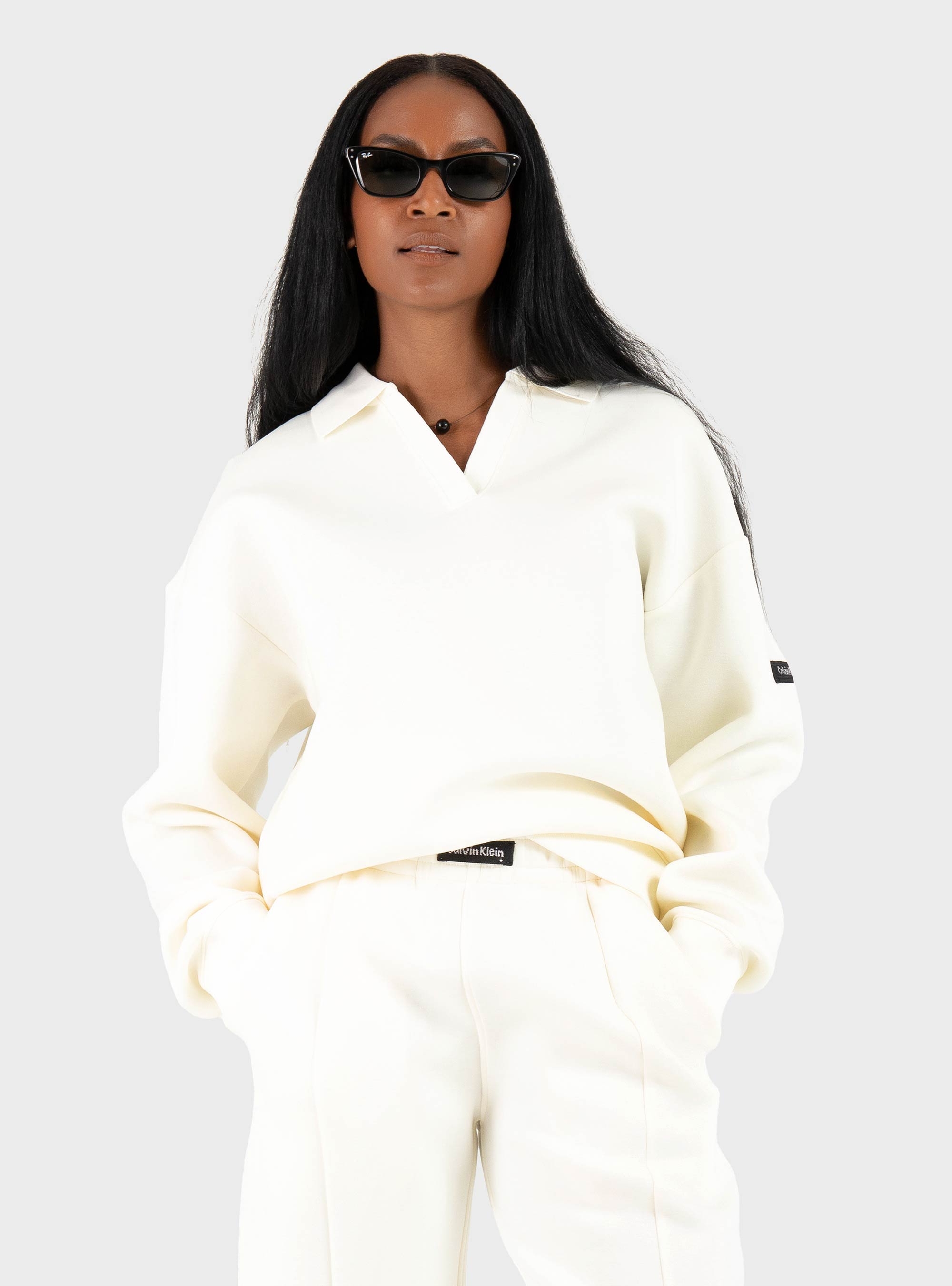 Calvin Klein Oversized Scuba Polo Top - Ecru