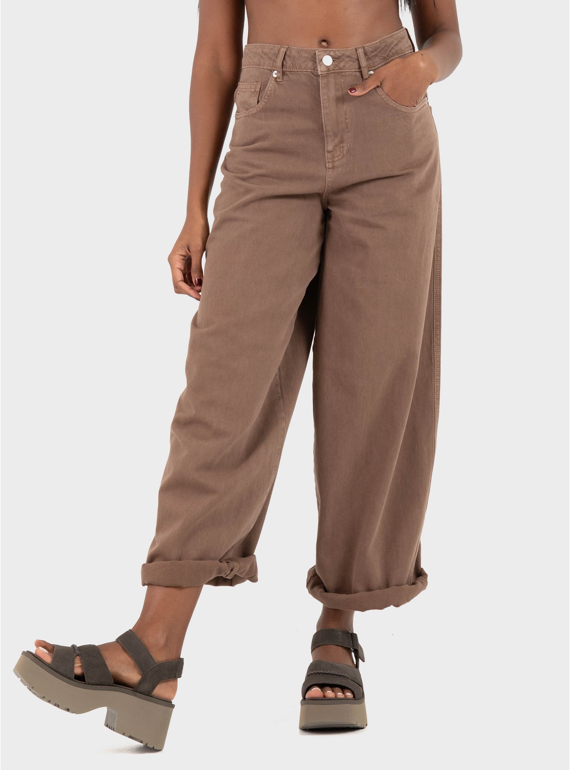 Only Taylor-Silla High Waist Barrel Pants - Dark Brown
