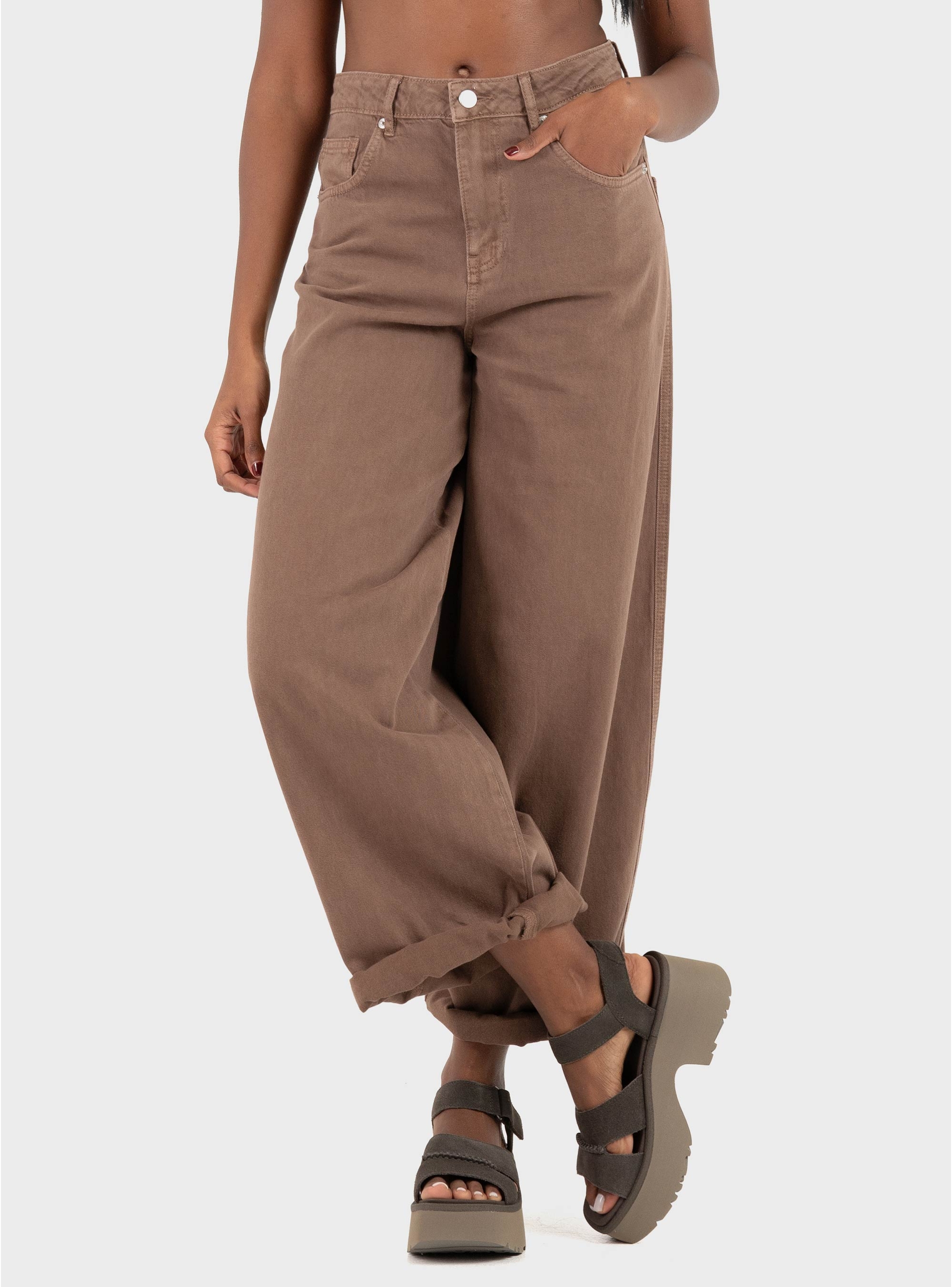 Only Taylor-Silla High Waist Barrel Pants - Dark Brown