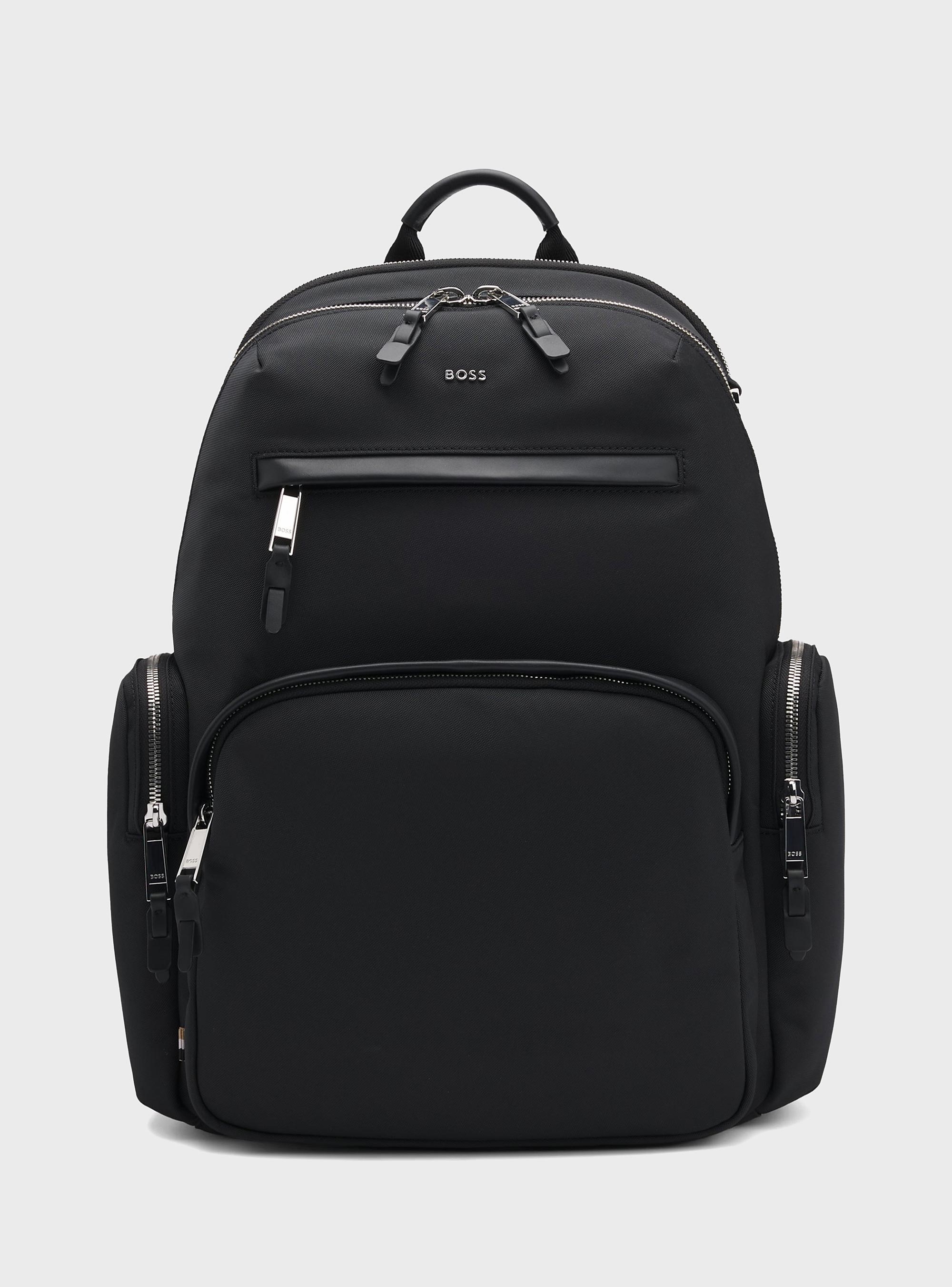 BOSS Leather-Trim Backpack With Silver-Tone Logo Lettering  Highway_N - Black