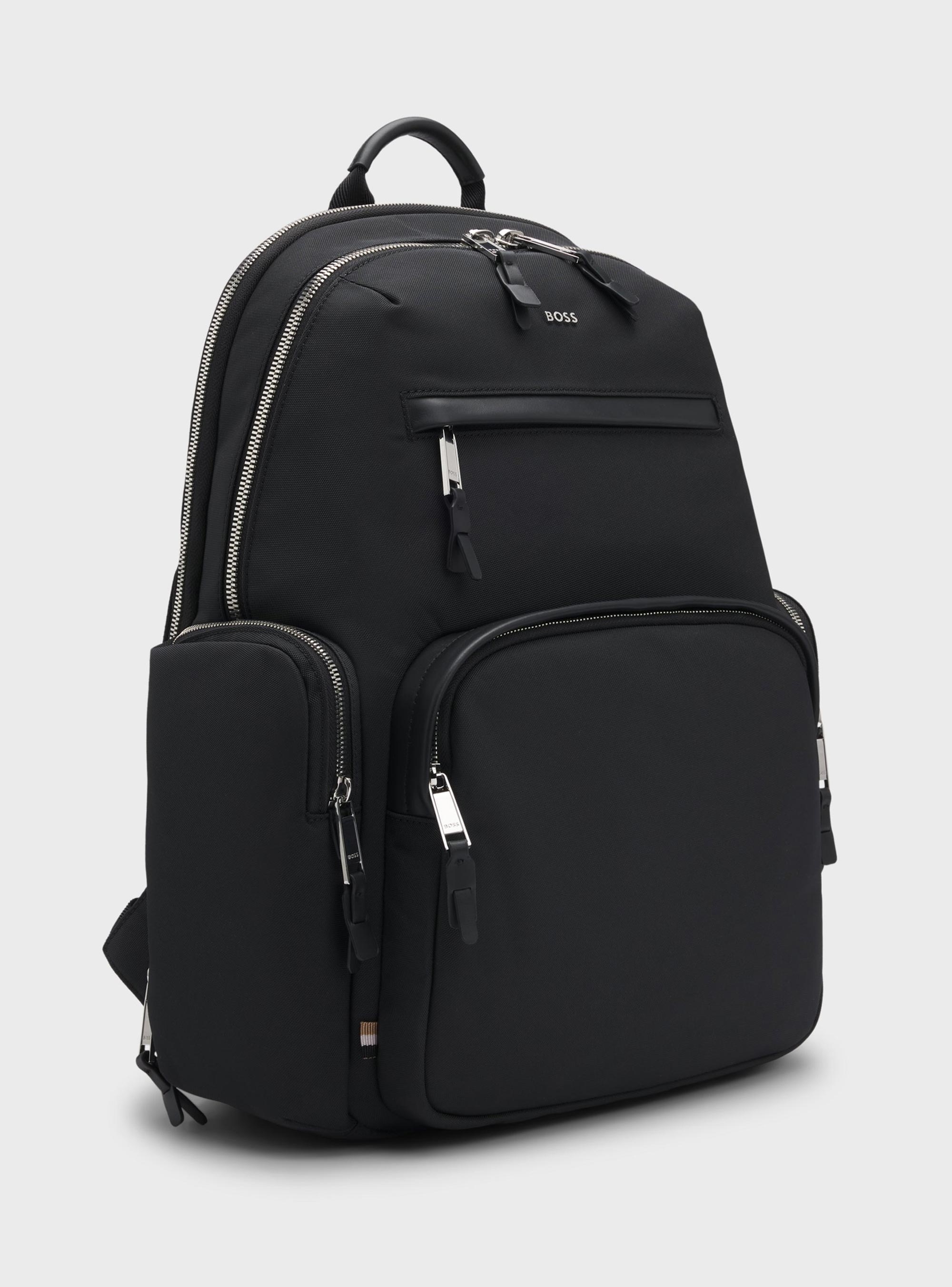 BOSS Leather-Trim Backpack With Silver-Tone Logo Lettering  Highway_N - Black