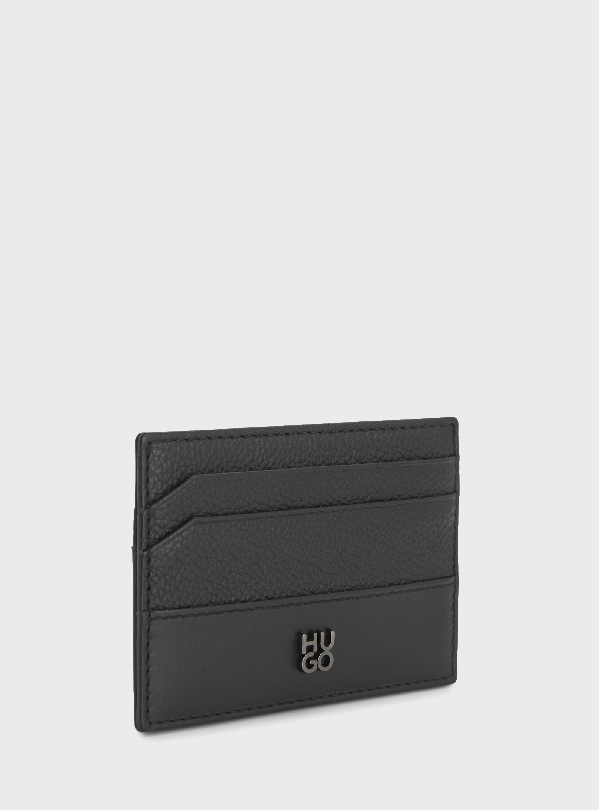 HUGO Leather Card Holder With Stacked-Logo Trim Quantic_Cardcase - Black