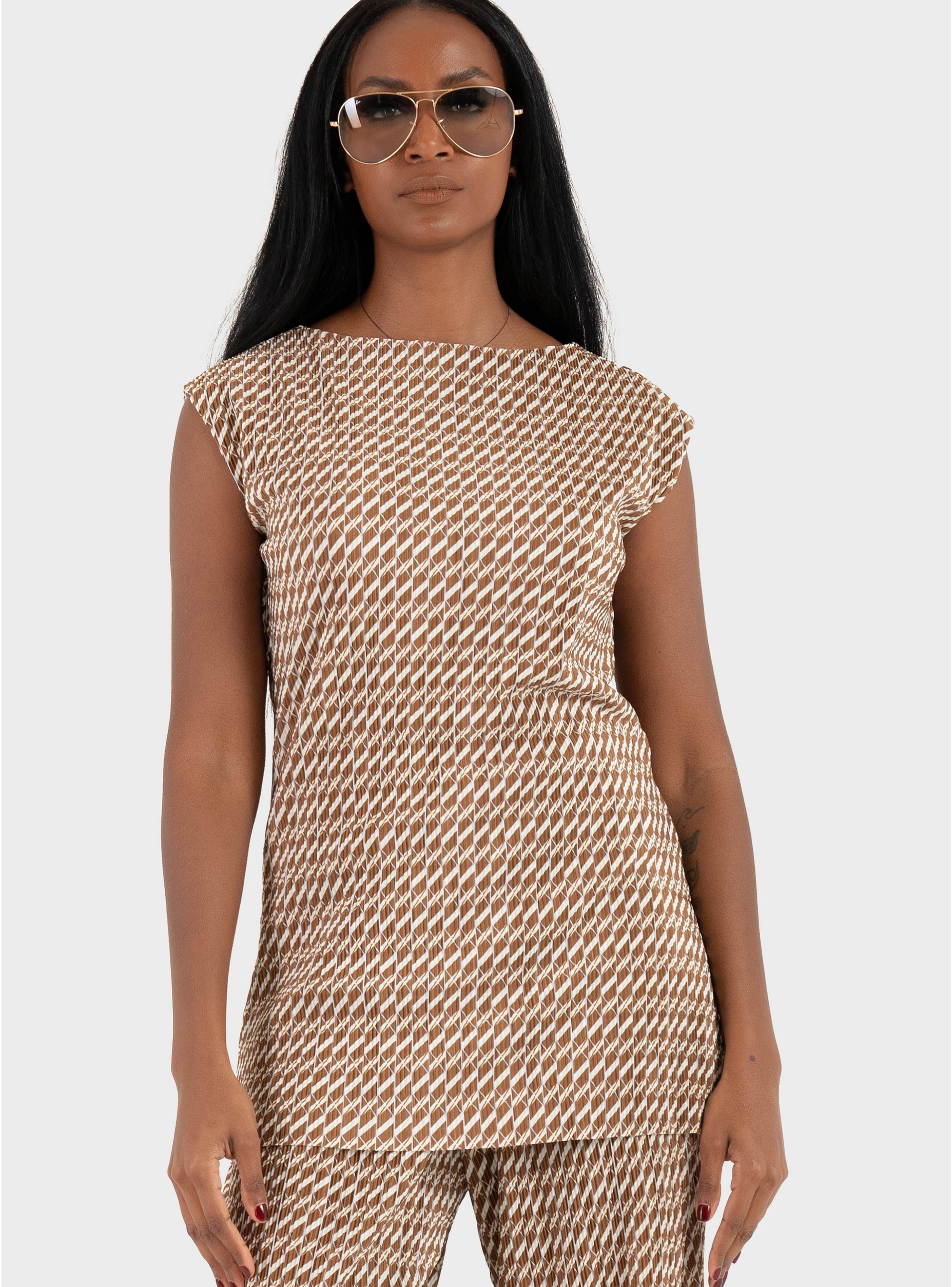 Calvin Klein Plisse Boat Neck Tunic - Brown