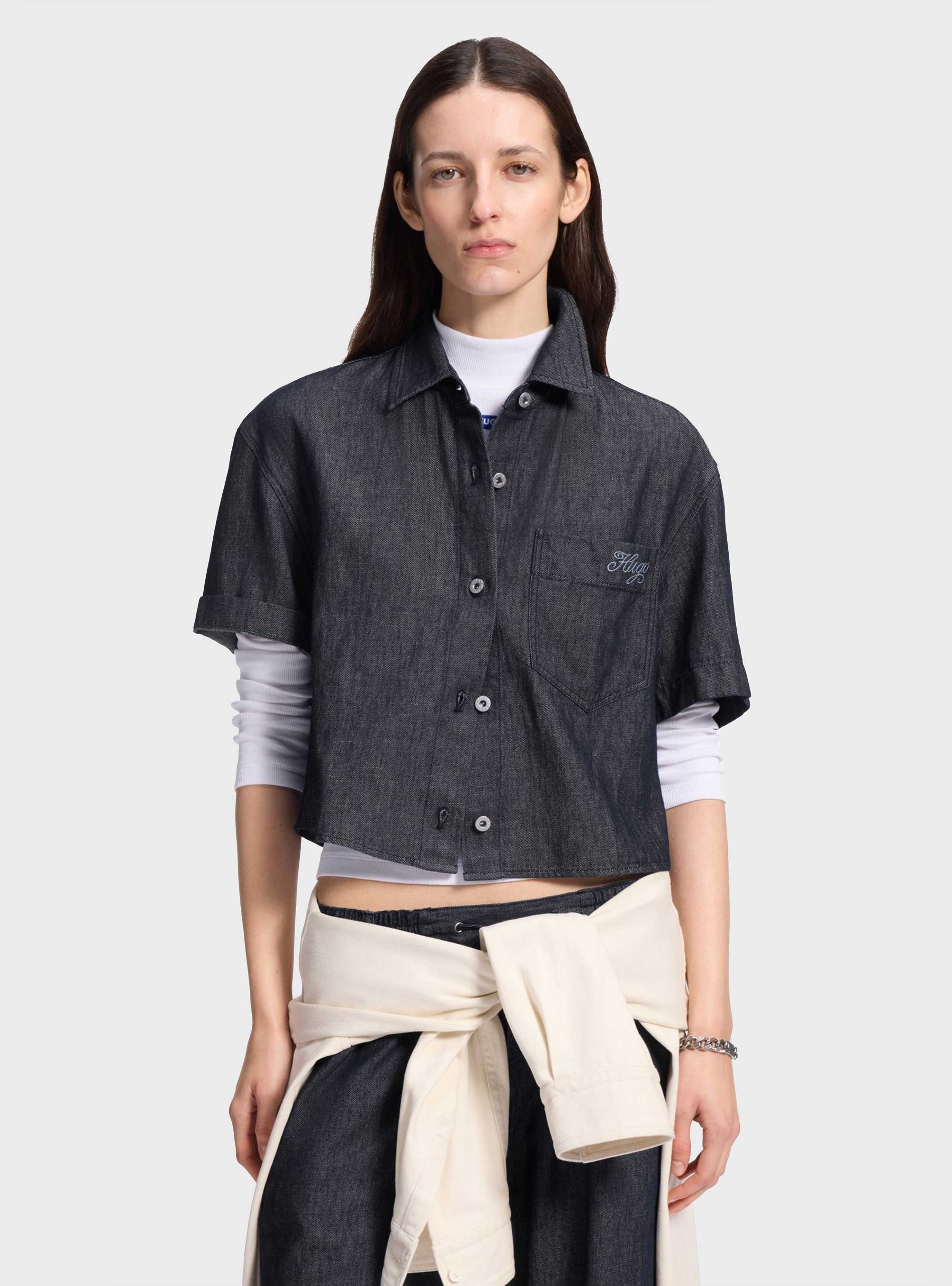HUGO Relaxed-Fit Cropped Blouse In Lightweight Denim Erynn_B - Blue