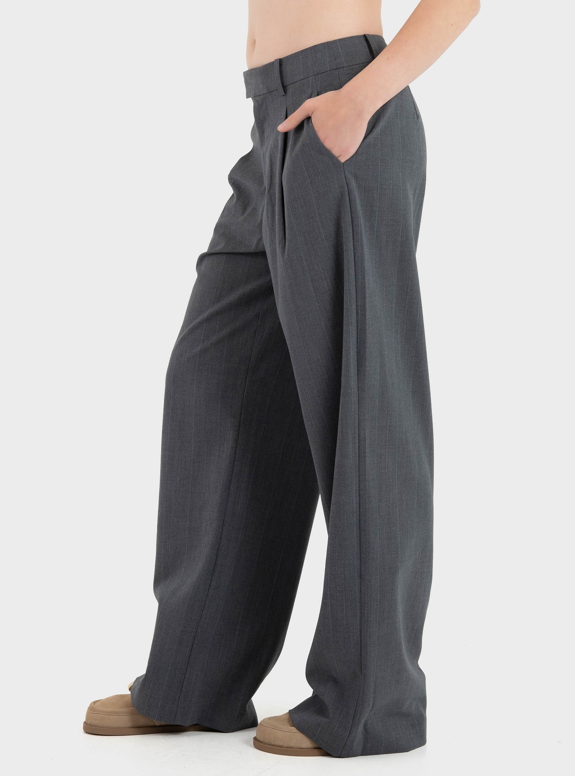 Only Jackie High Waist Wide Pinst Pants - Medium Grey Melange