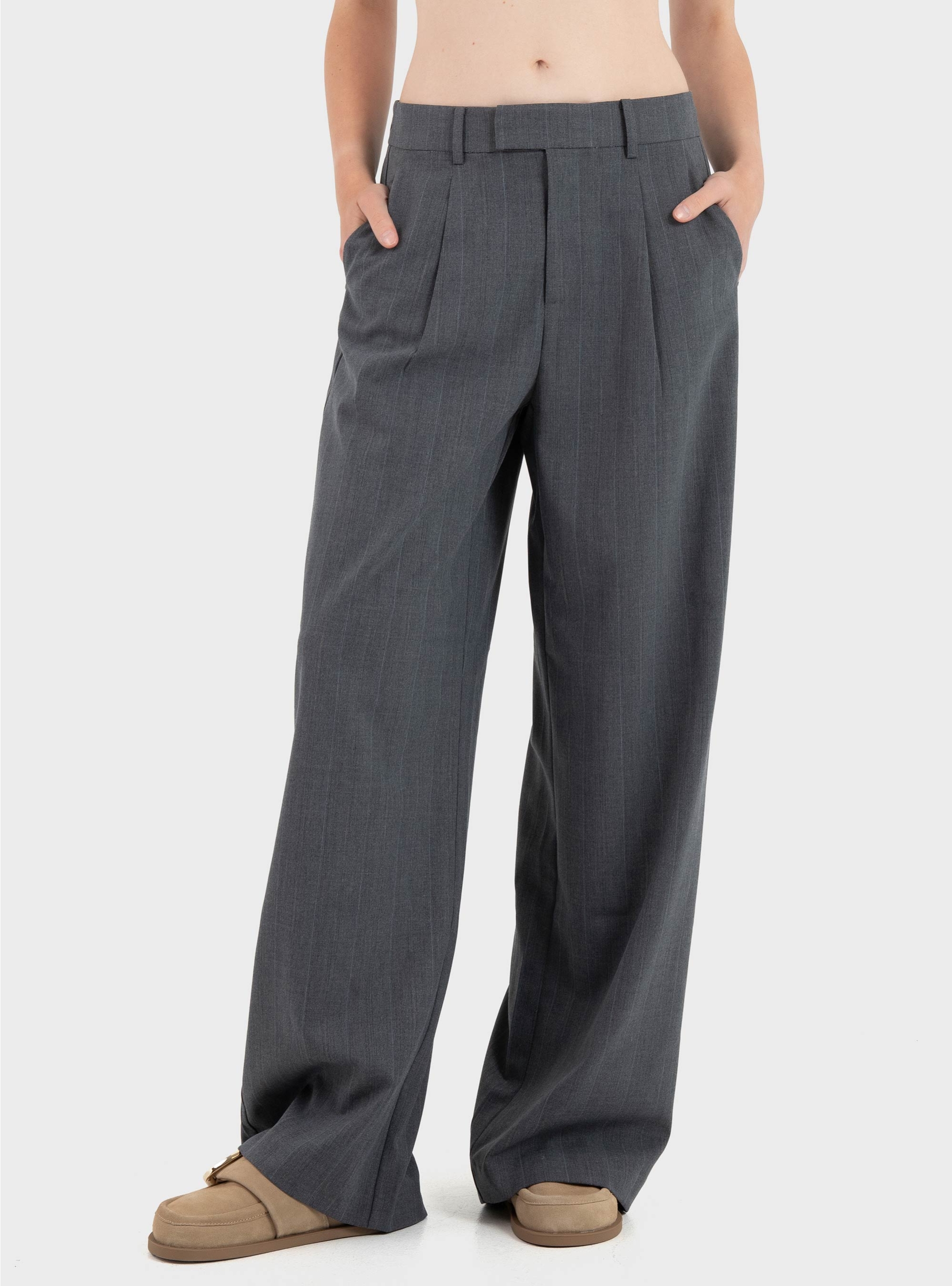Only Jackie High Waist Wide Pinst Pants - Medium Grey Melange