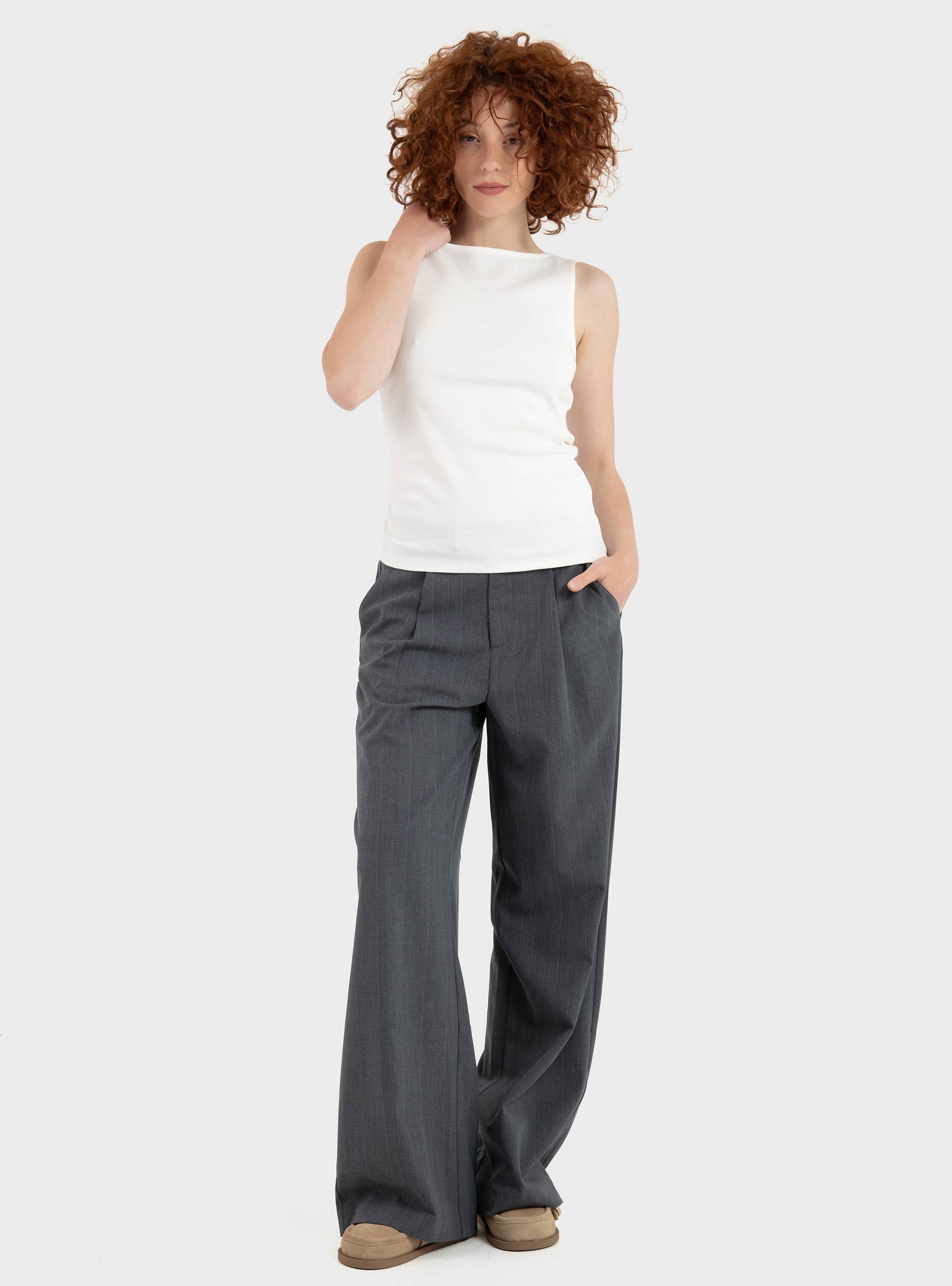 Only Jackie High Waist Wide Pinst Pants - Medium Grey Melange