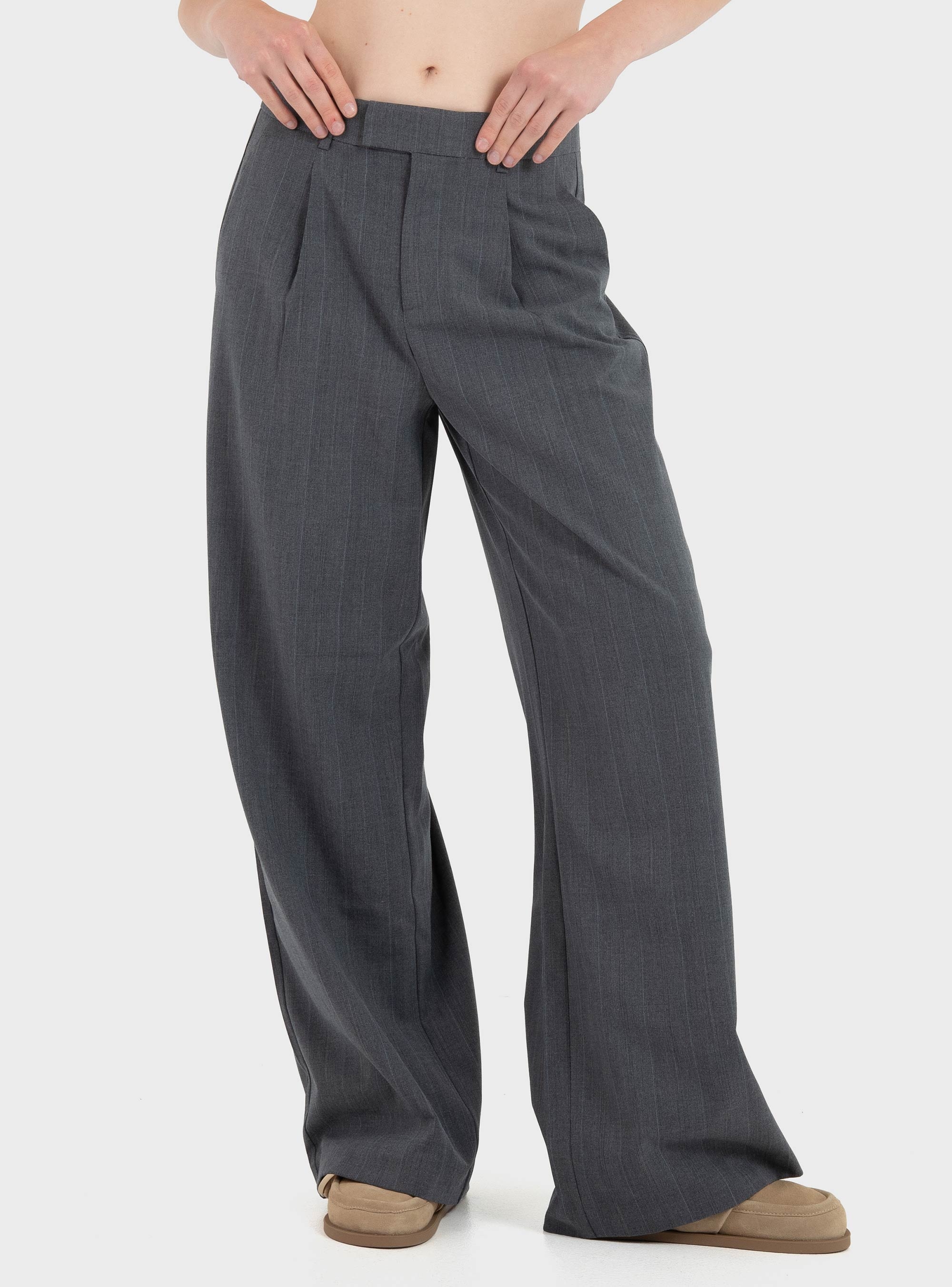 Only Jackie High Waist Wide Pinst Pants - Medium Grey Melange