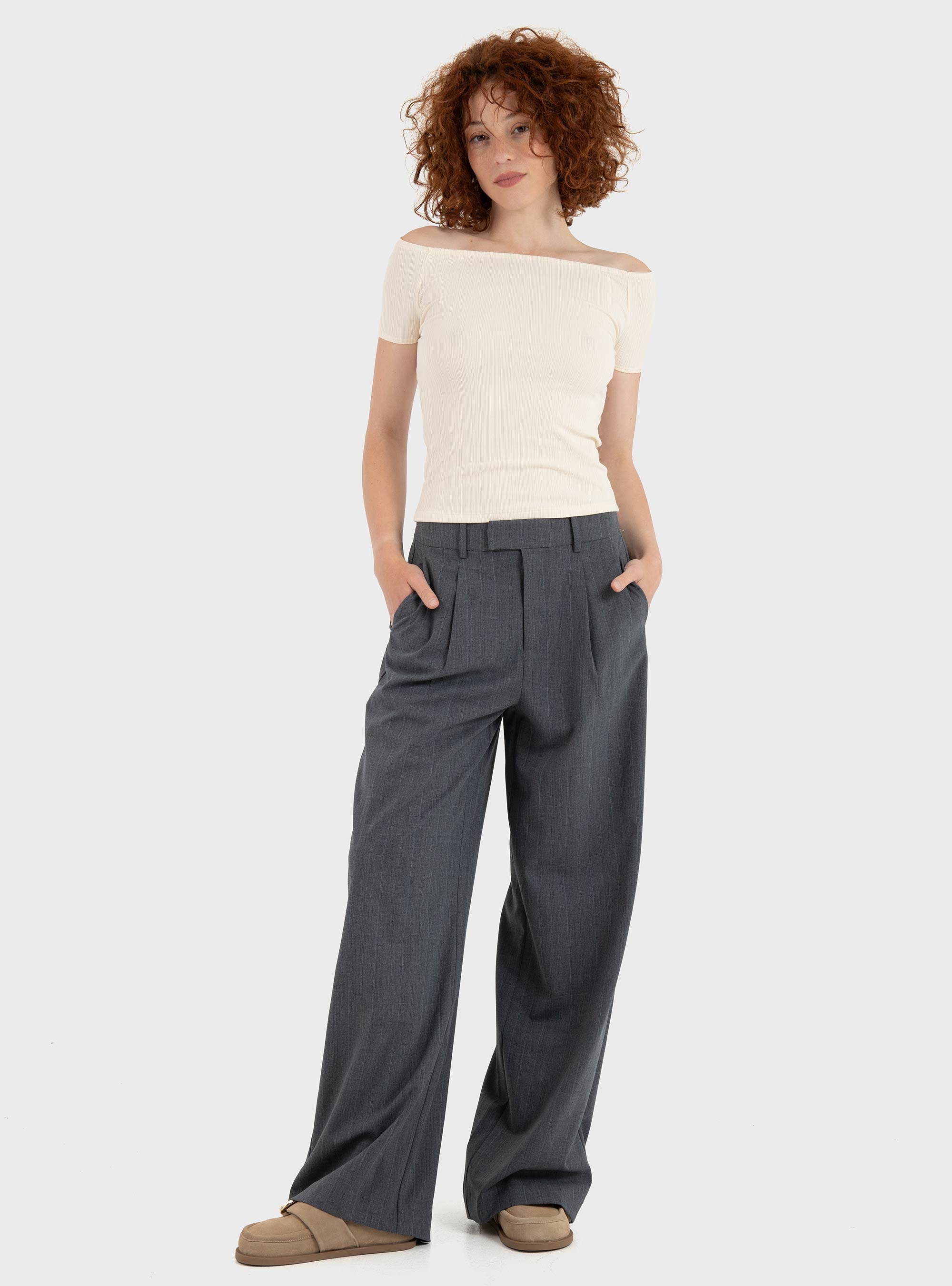 Only Jackie High Waist Wide Pinst Pants - Medium Grey Melange