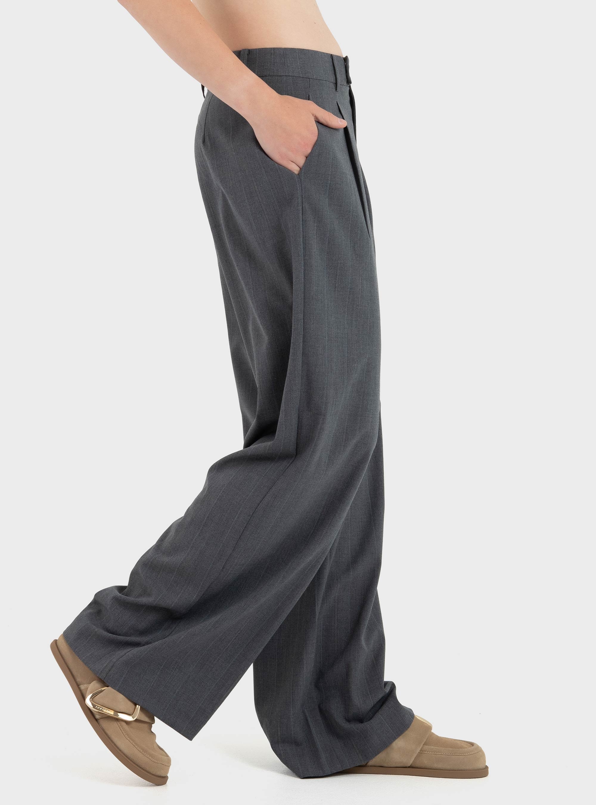 Only Jackie High Waist Wide Pinst Pants - Medium Grey Melange