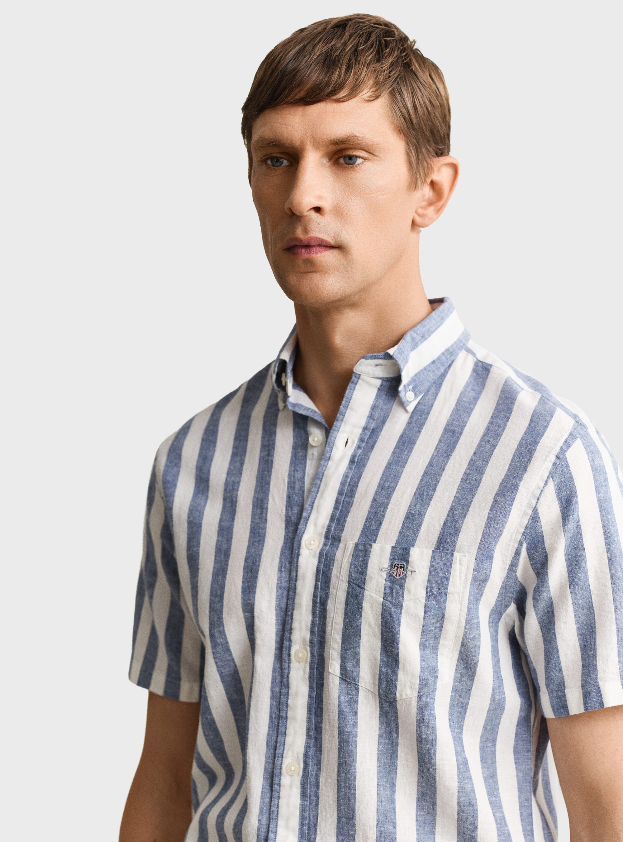 Gant Striped Linen Blend Short Sleeve Shirt - Sky Blue