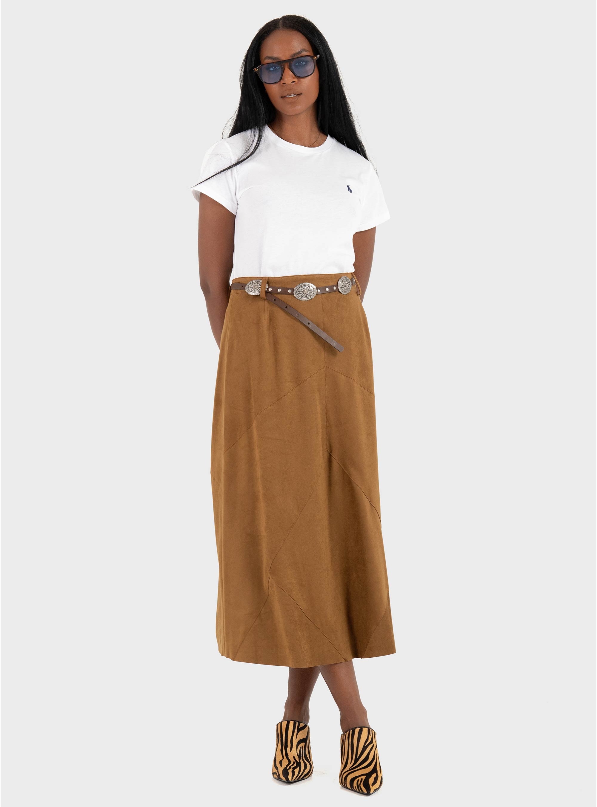 Souvenir Faux Suede Belted Skirt - Rust Brown