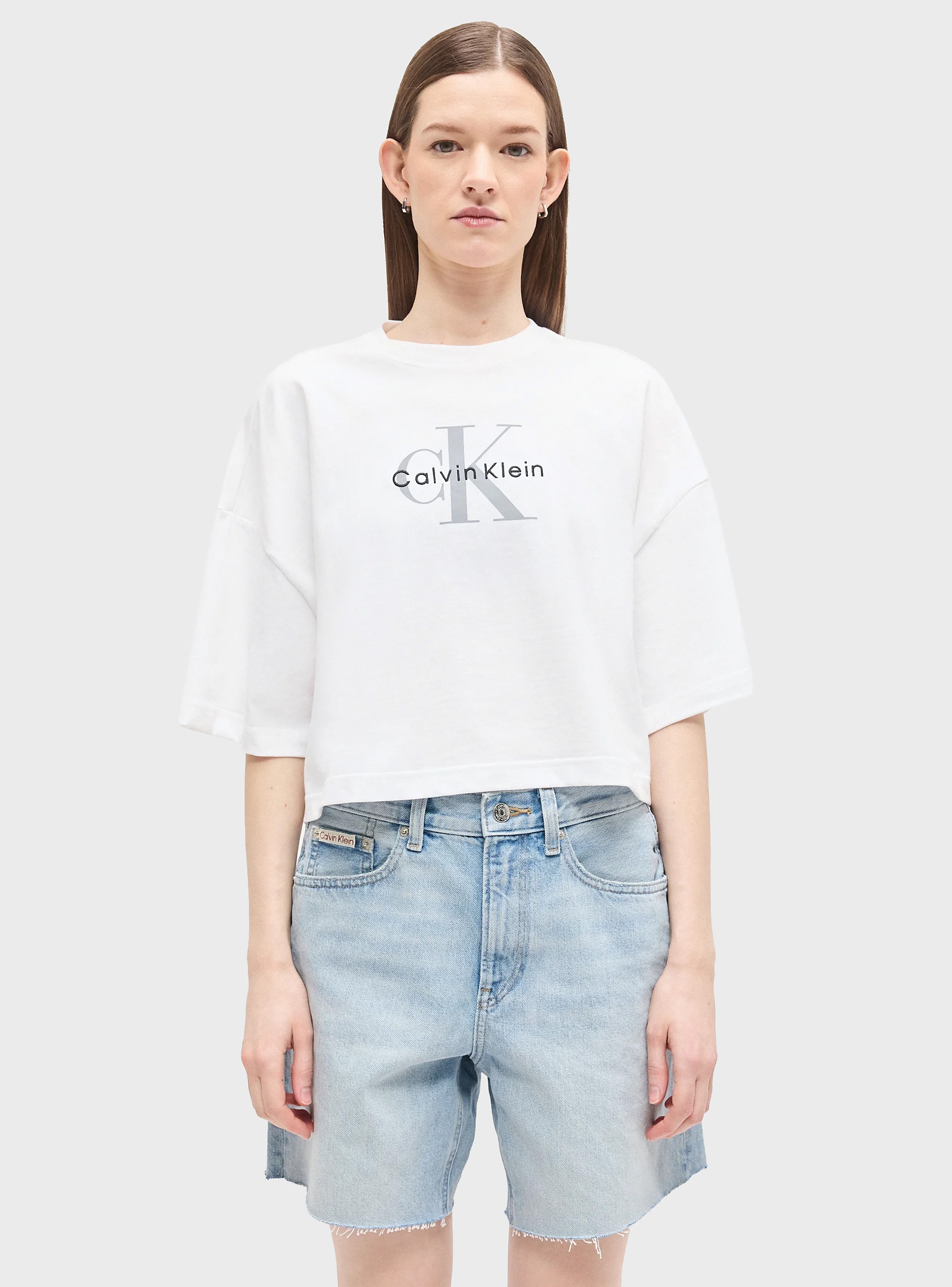 Calvin Klein BOXY CROP MONOLOGO TEE - White