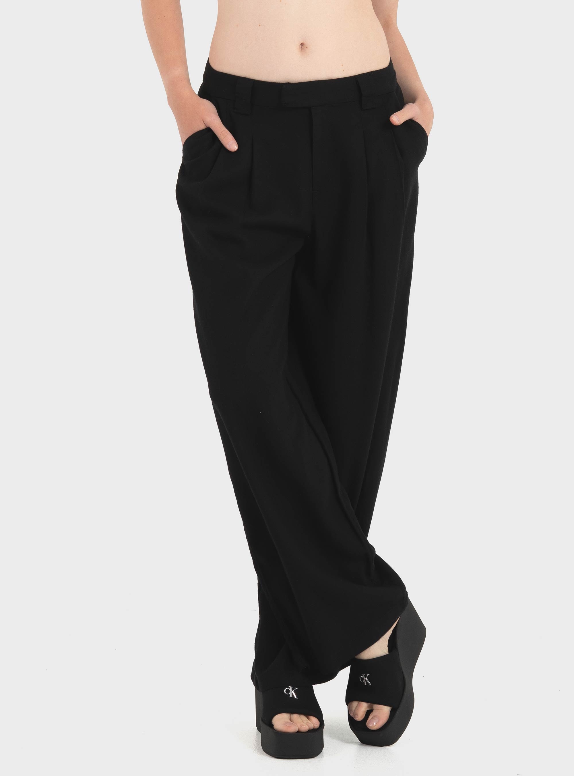 Only Svea-Goa Mid Waist Linen Blend Wide Pants - Black