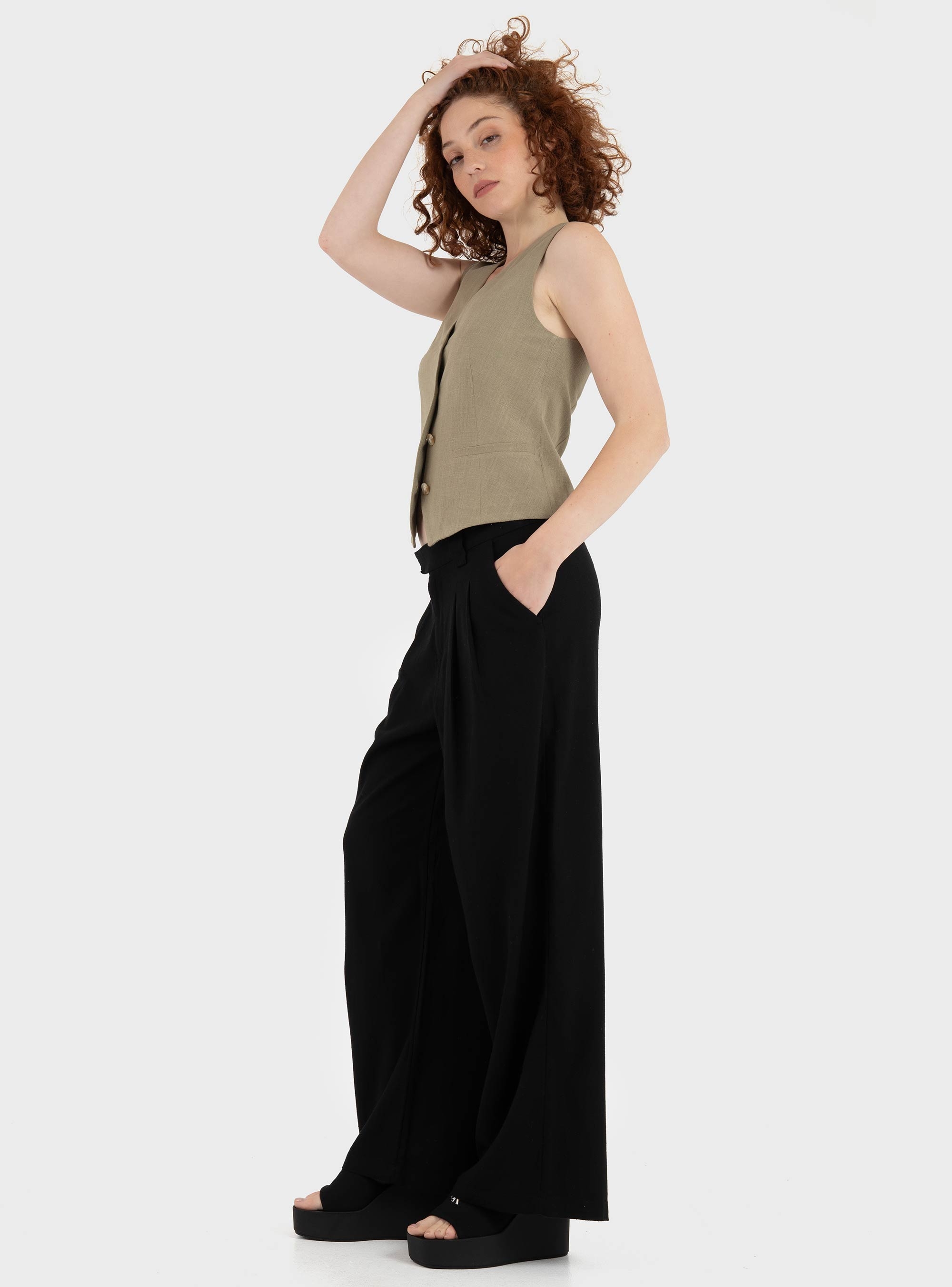 Only Svea-Goa Mid Waist Linen Blend Wide Pants - Black