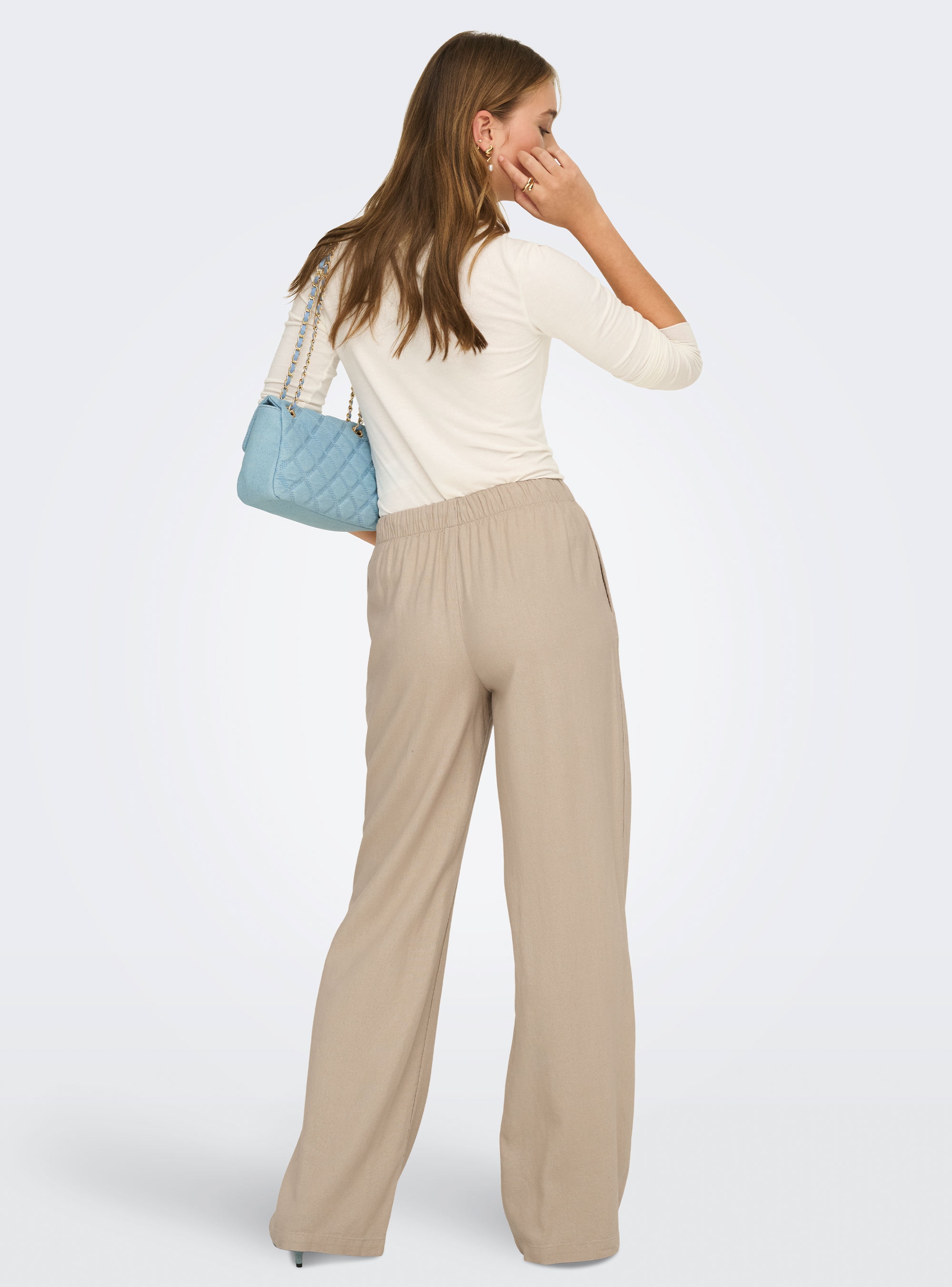 Only Goa Mid Waist Linen Blend Pull-Up Pants - Light Beige