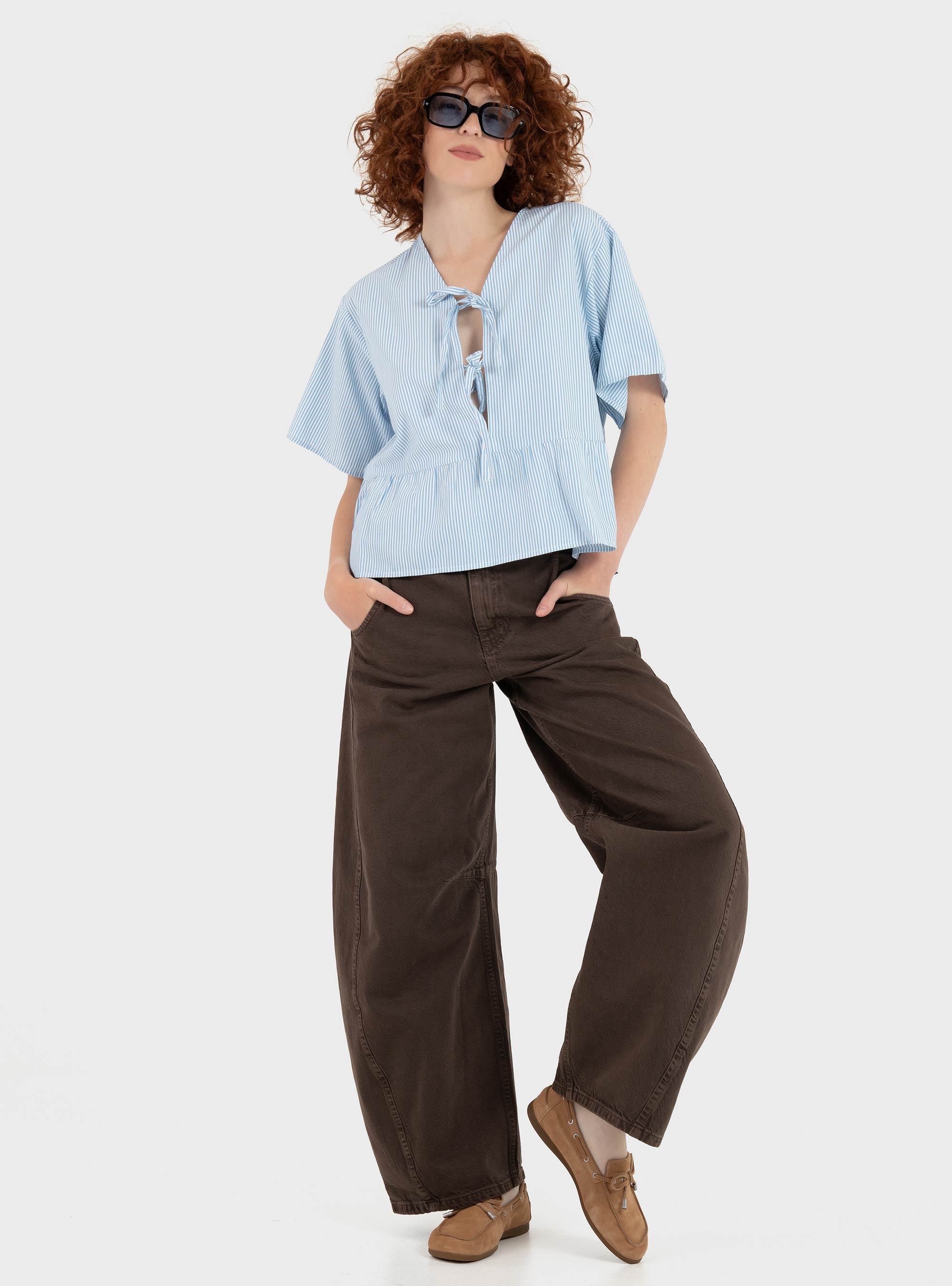 JJXX Caro Poplin Tie Blouse - Striped Light Blue