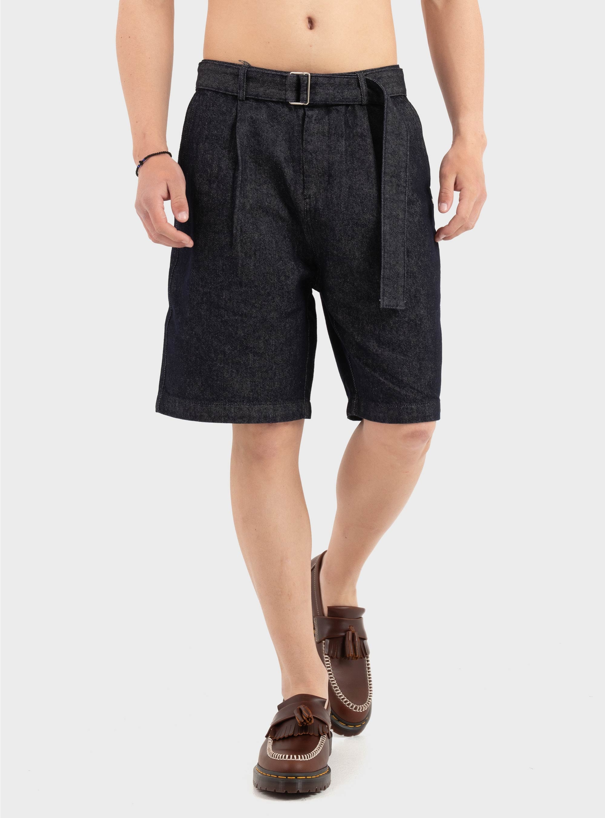 Gianni Lupo Belted Pleated Denim Shorts - Unwashed Denim