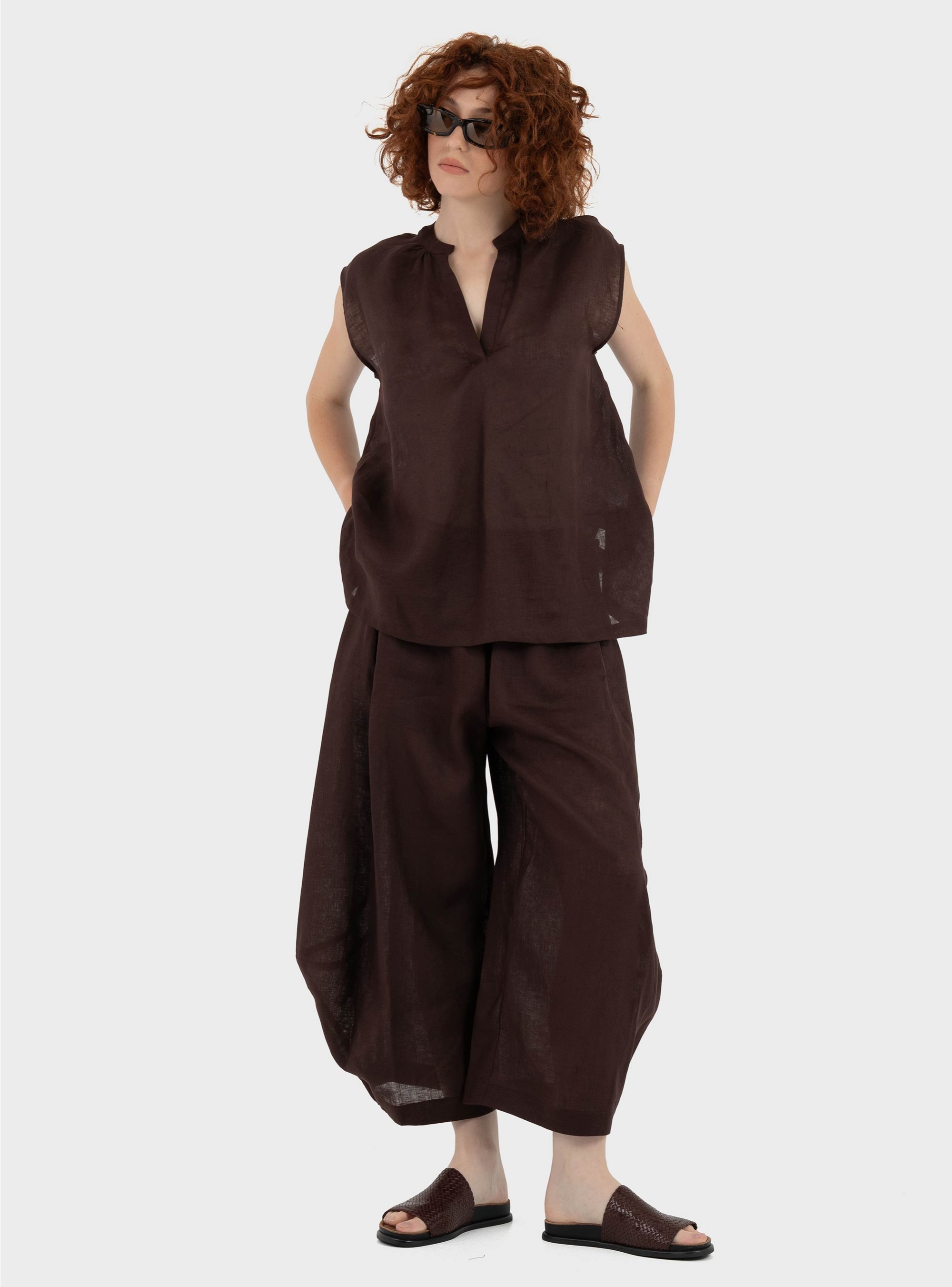 Mei Mei J Wide Leg Linen Pants - Brown