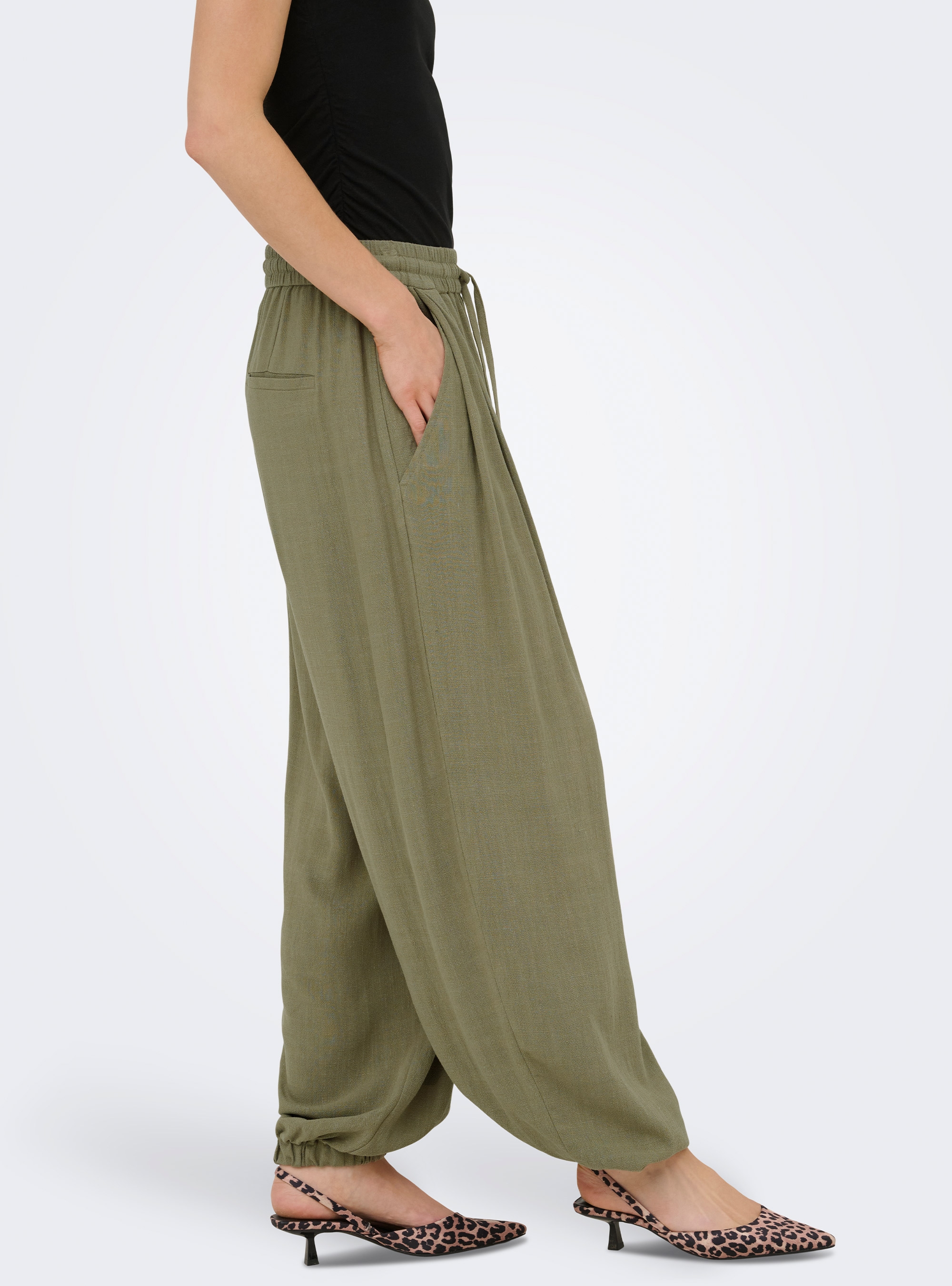 Only Siesta Mid Waist Linen Baggy Barrel Pants - Olive 
