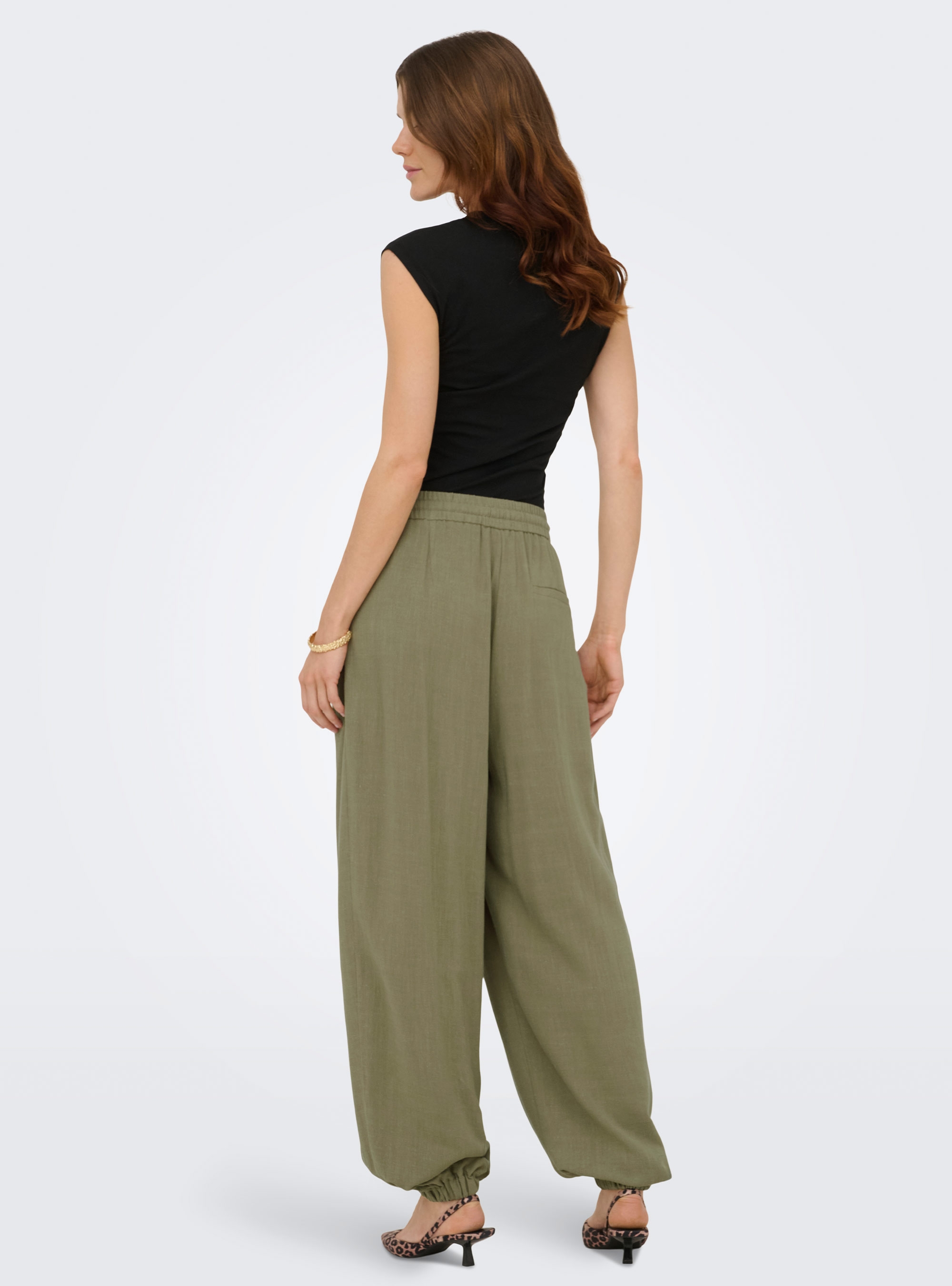Only Siesta Mid Waist Linen Baggy Barrel Pants - Olive 