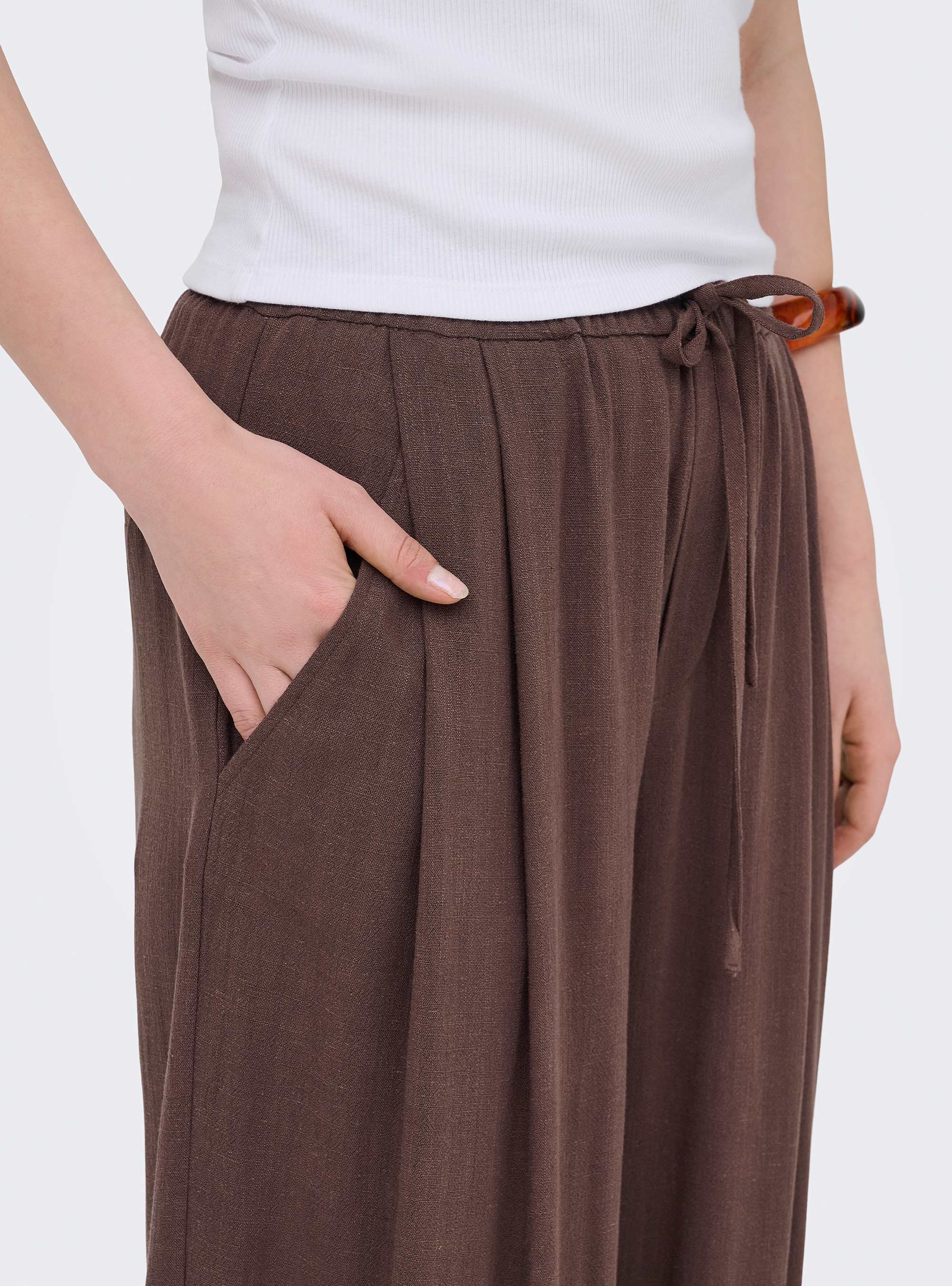 Only Siesta Mid Waist Linen Baggy Barrel Pants - Brown