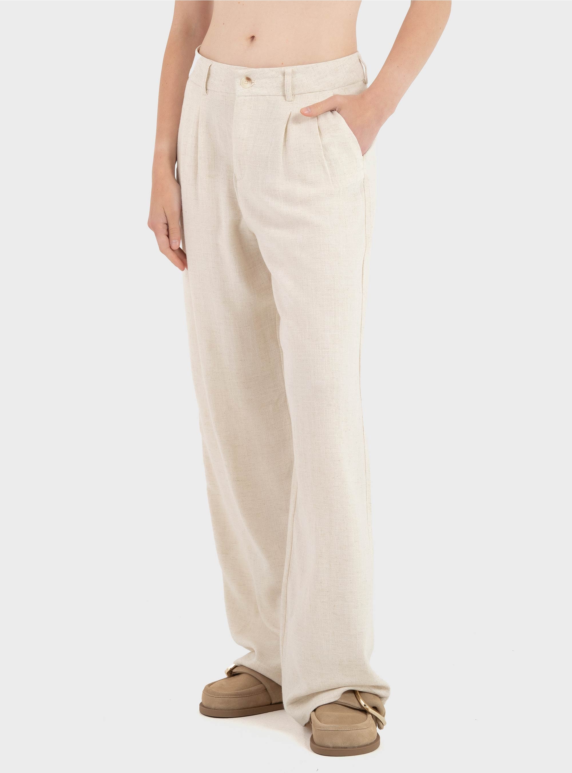 Only Siesta Mid Waist Linen Blend Pleat Wide Pants - Off White