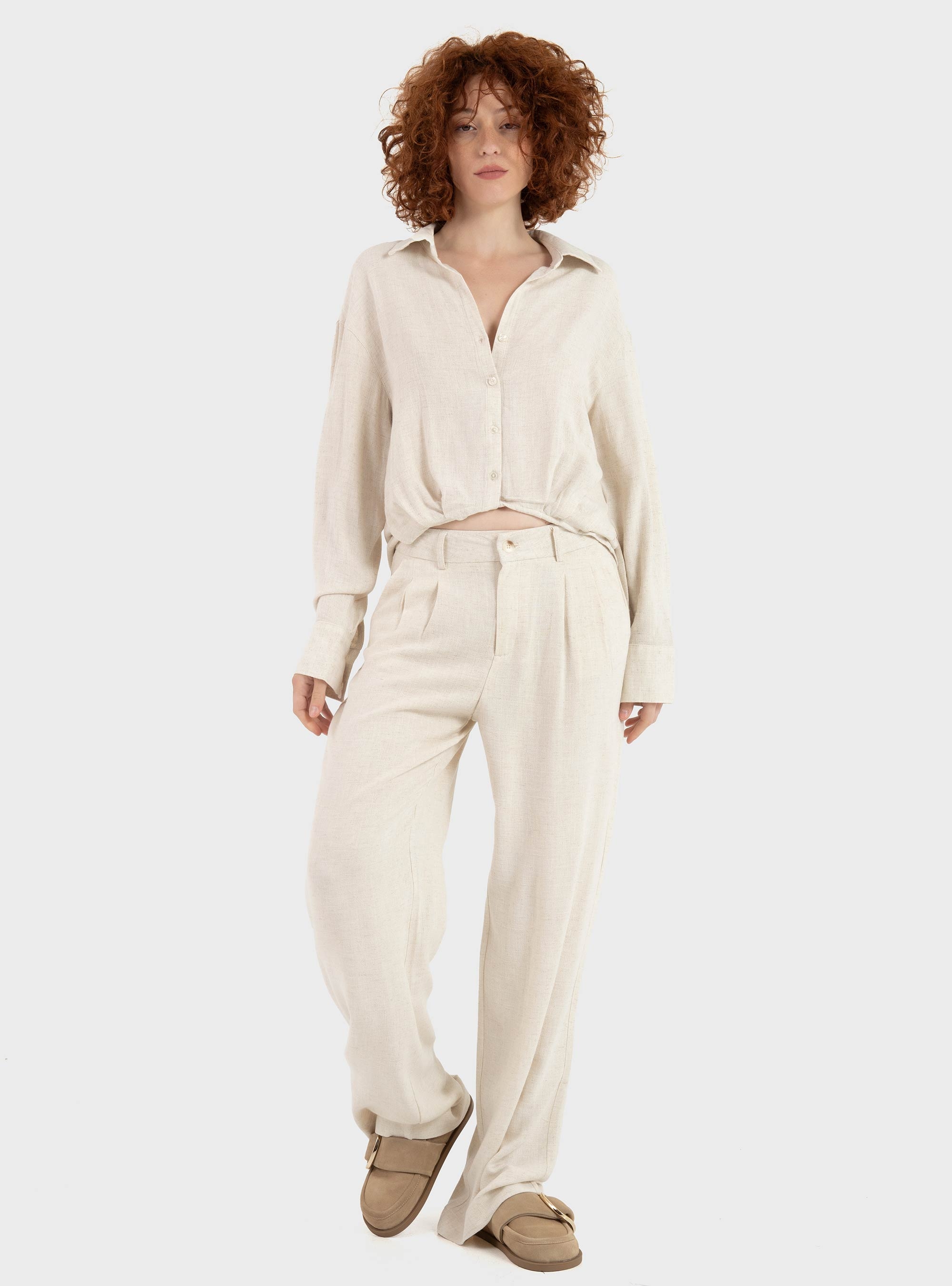 Only Siesta Mid Waist Linen Blend Pleat Wide Pants - Off White