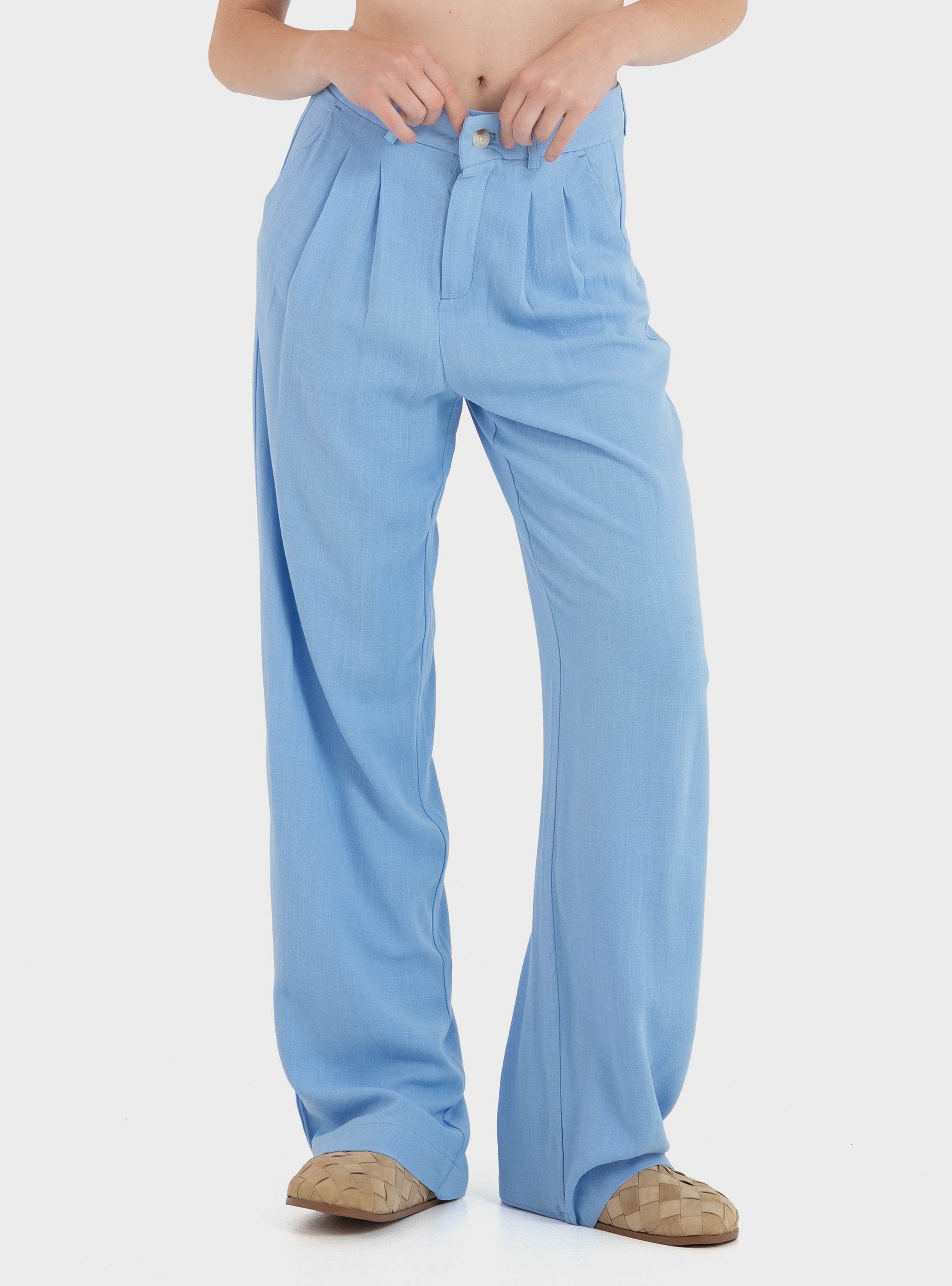 Only Siesta Mid Waist Linen Blend Pleat Wide Pants - Light Blue