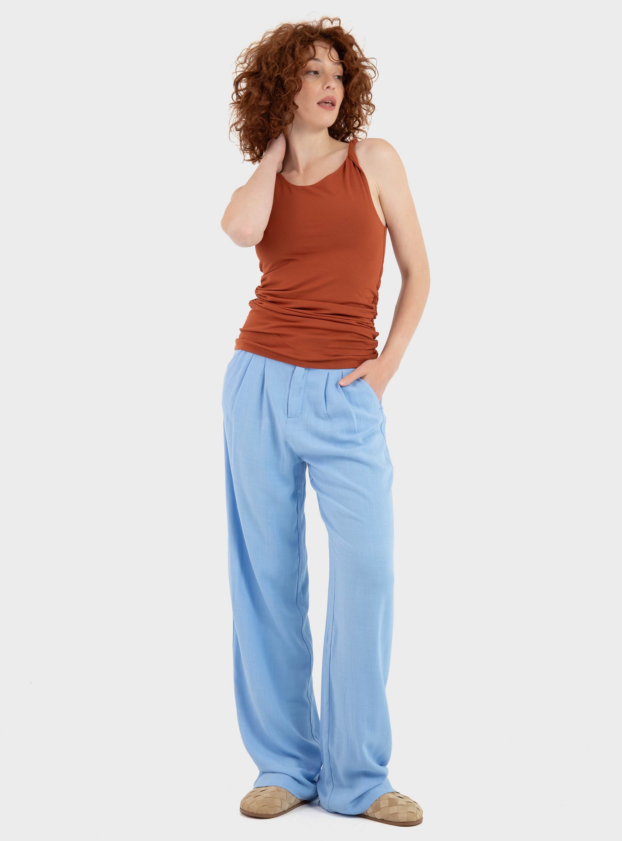 Only Siesta Mid Waist Linen Blend Pleat Wide Pants - Light Blue