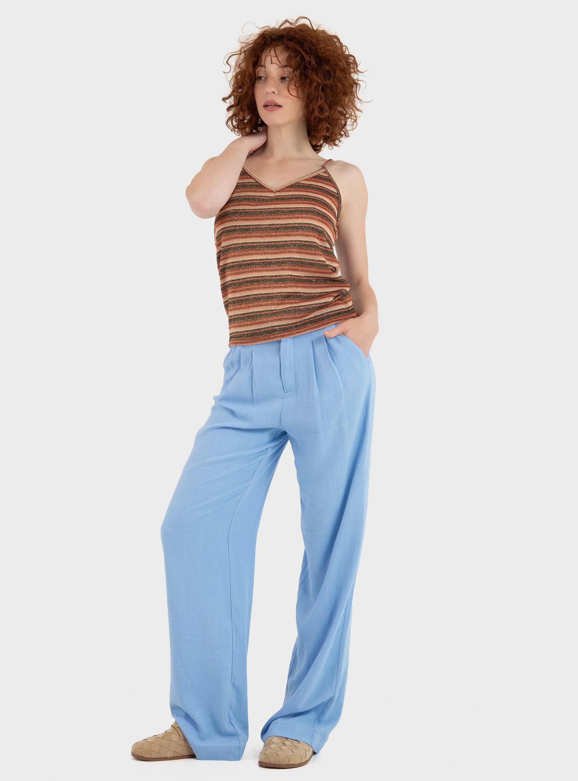 Only Siesta Mid Waist Linen Blend Pleat Wide Pants - Light Blue