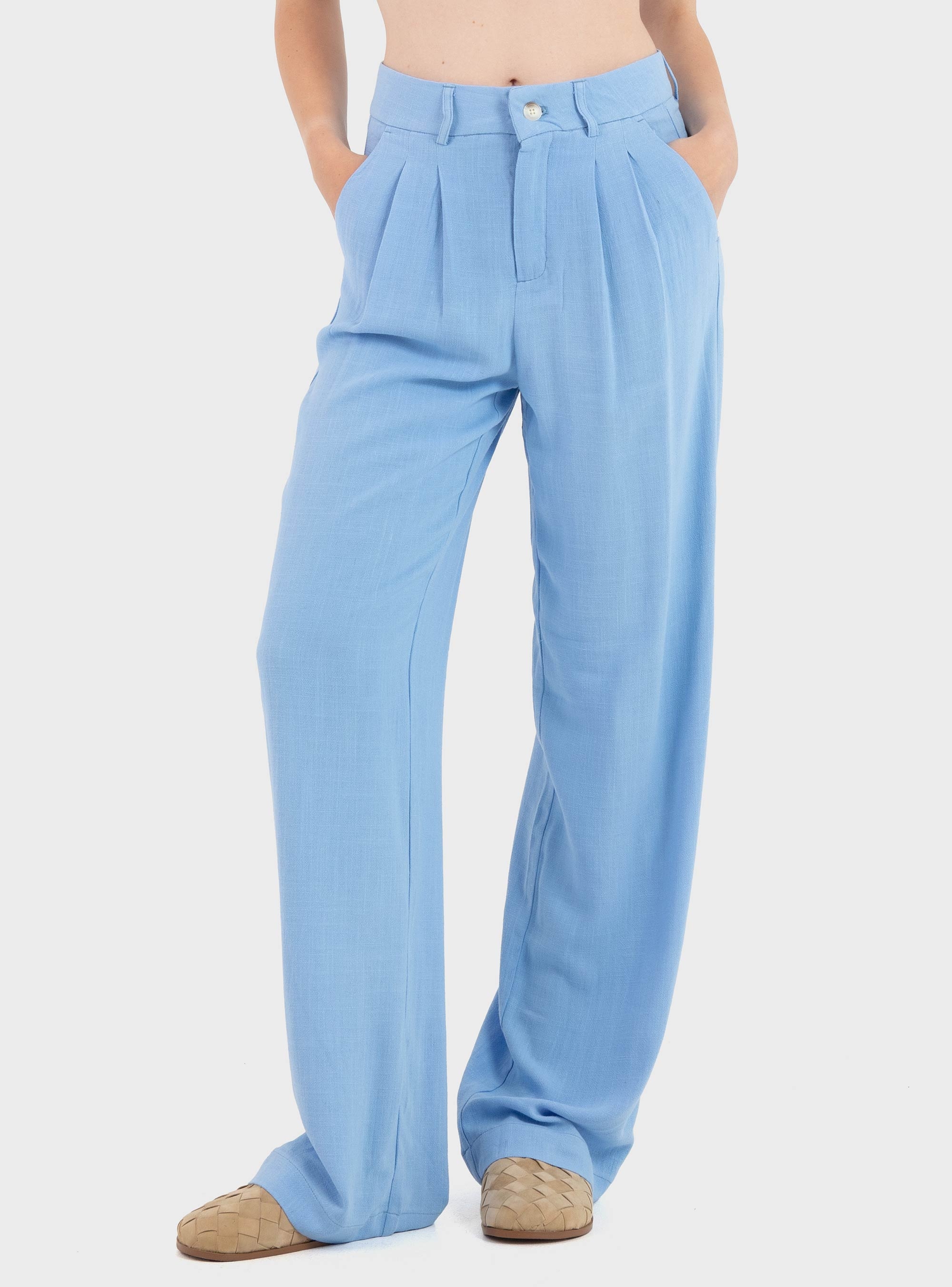 Only Siesta Mid Waist Linen Blend Pleat Wide Pants - Light Blue