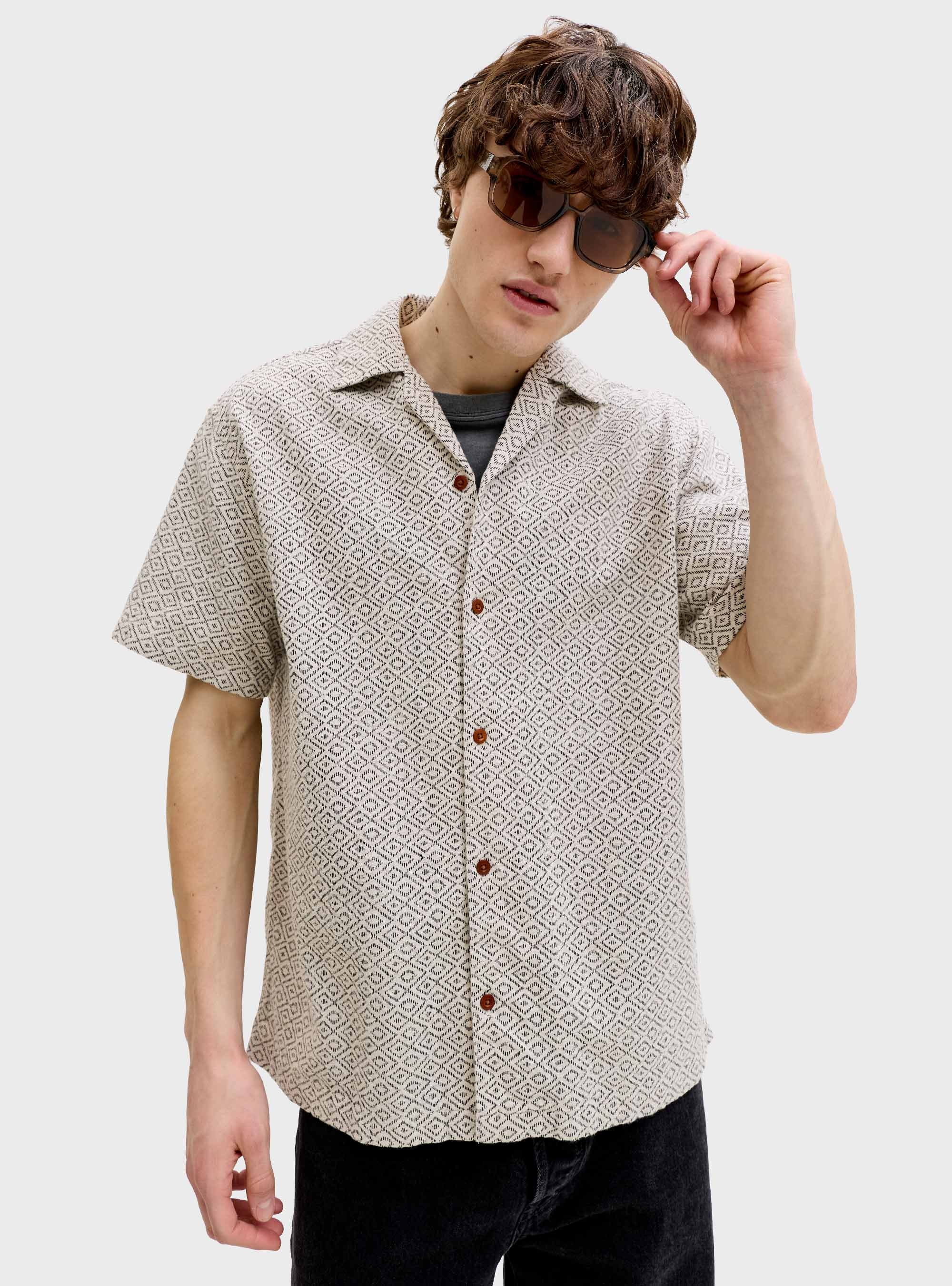 Jack & Jones Premium Winson Print Dobby Shirt - Light Beige