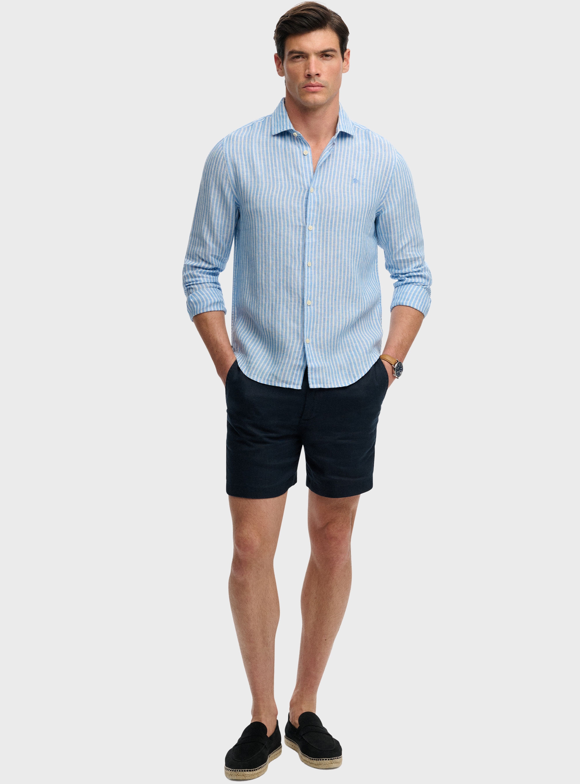 Superdry Riviera Long Sleeve Linen Shirt - Striped Blue