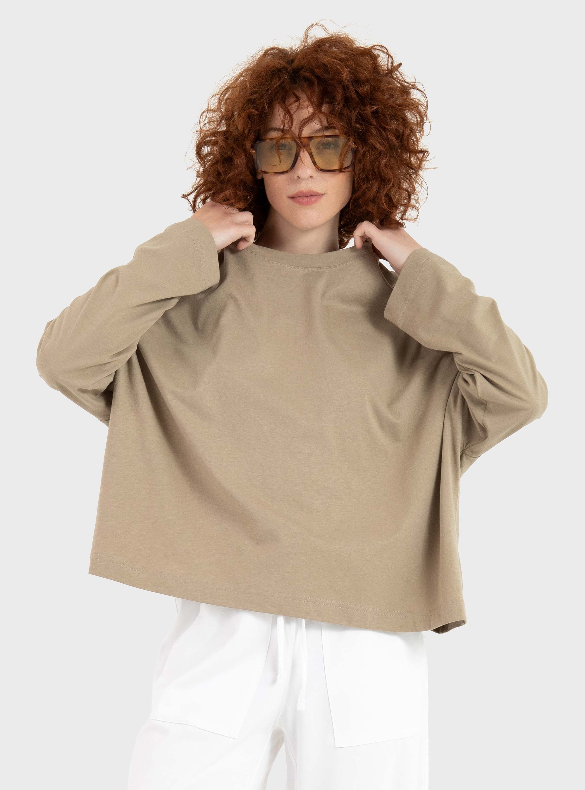 Four Minds Relaxed Bamboo Long Sleeve Blouse - Beige